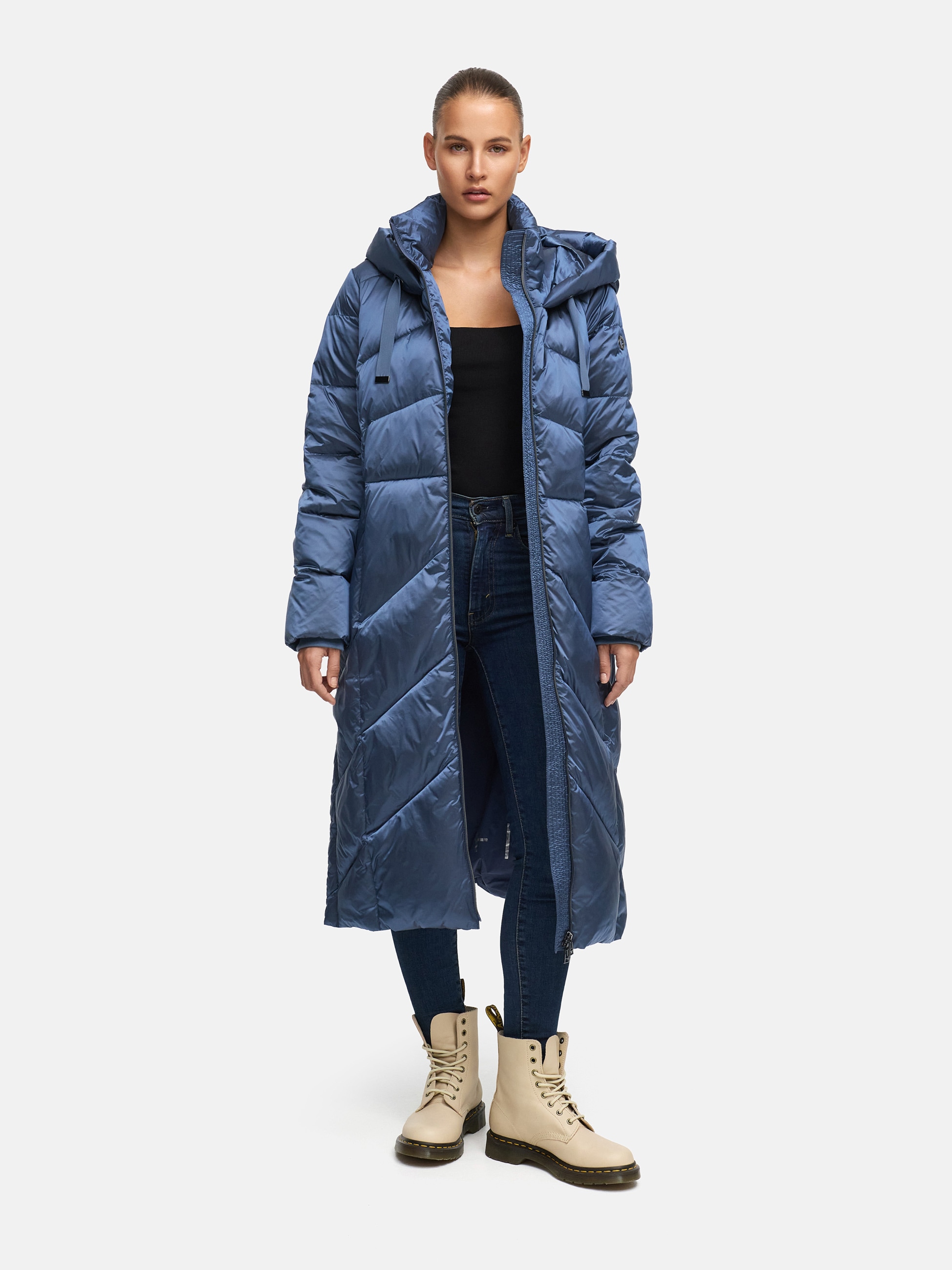 MANISA Steppmantel , mit Stehkragen und fester Kapuze und dekorativen Strickbändern
