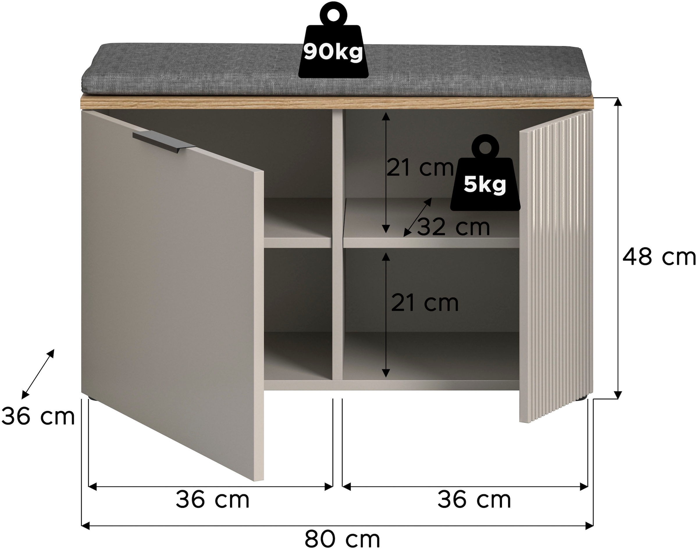 Home affaire Sitzbank »EDIL, Breite 80cm, 2 Türen, 4 Fächer, inkl. Sitzkissen« moderne Farbkombination, Platz für ca. 6 Paar Schuhe, 2 Stk. tlg. Garderobenbank, Bank, Flurbank, Schuhbank, Dielenbank