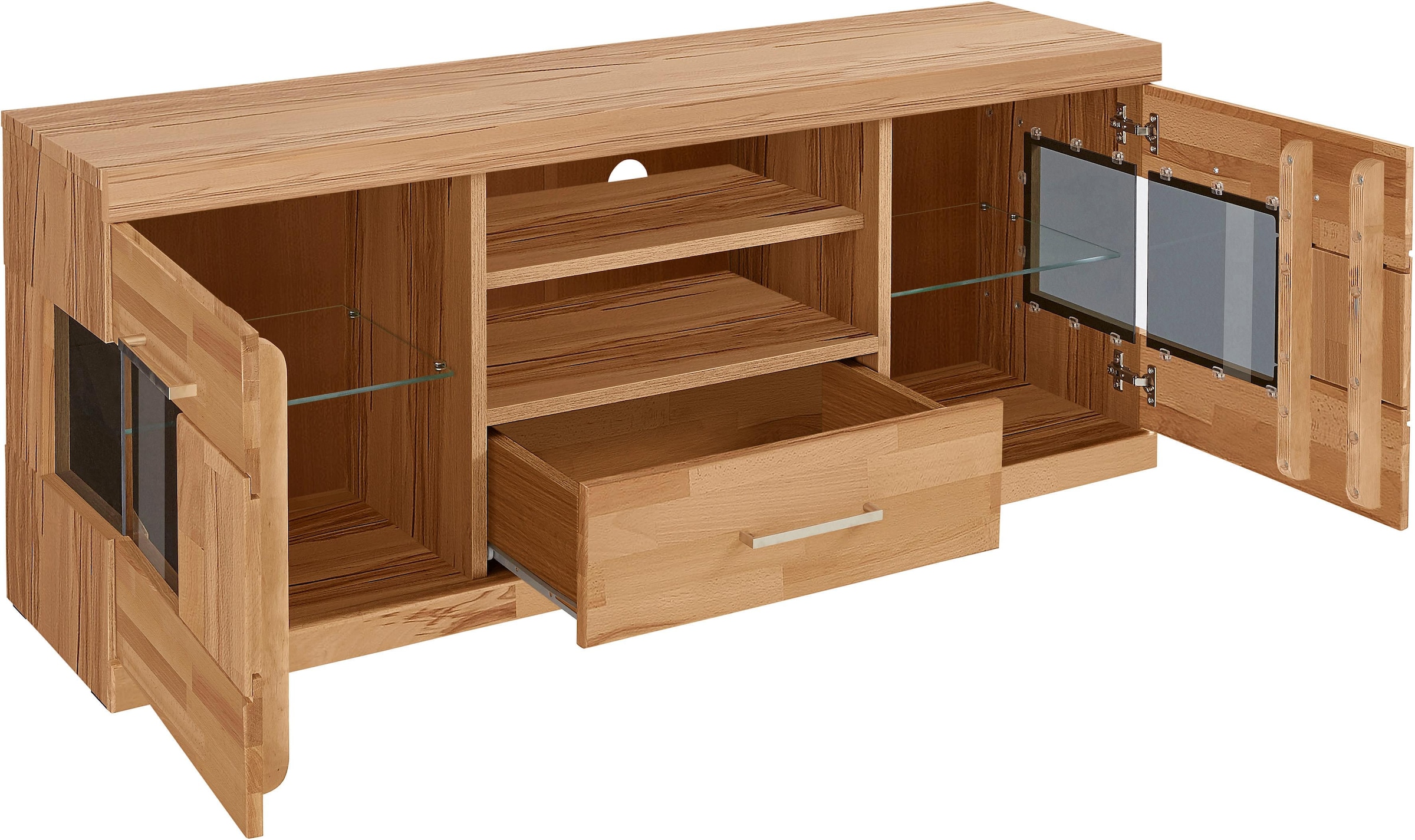 Home affaire Lowboard »Ribe,140cm breit, Fronten Massivholz,6 Fächer,Kabeldurchführung«, Korpus Holzwerkstoff,Glaseinsatz aus gehärtetem Glas,Böden versetzbar