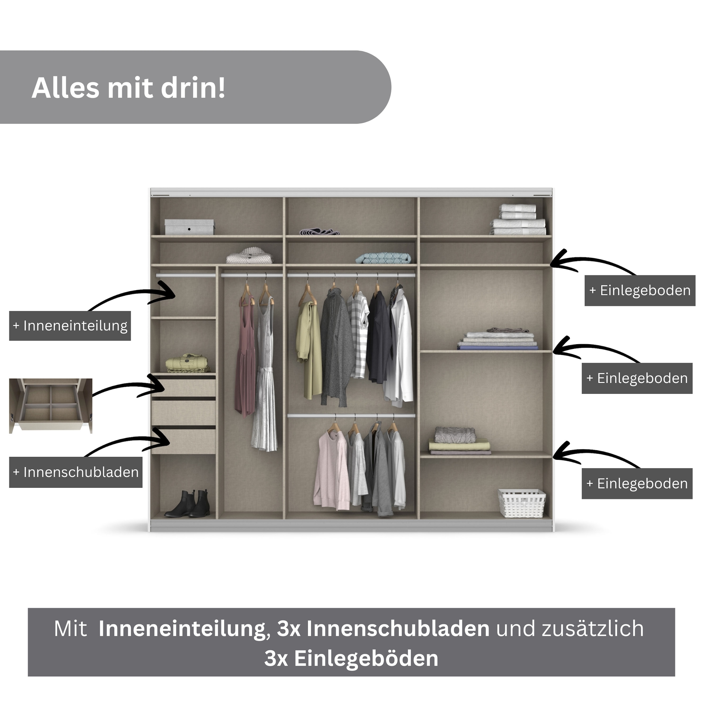 rauch Schwebetürenschrank »Kleiderschrank Schrank Garderobe TOPSELLER OTELI inkl. Inneneinteilung«, mit 3 Innenschubladen sowie zusätzlichen Einlegeböden MADE IN GERMANY