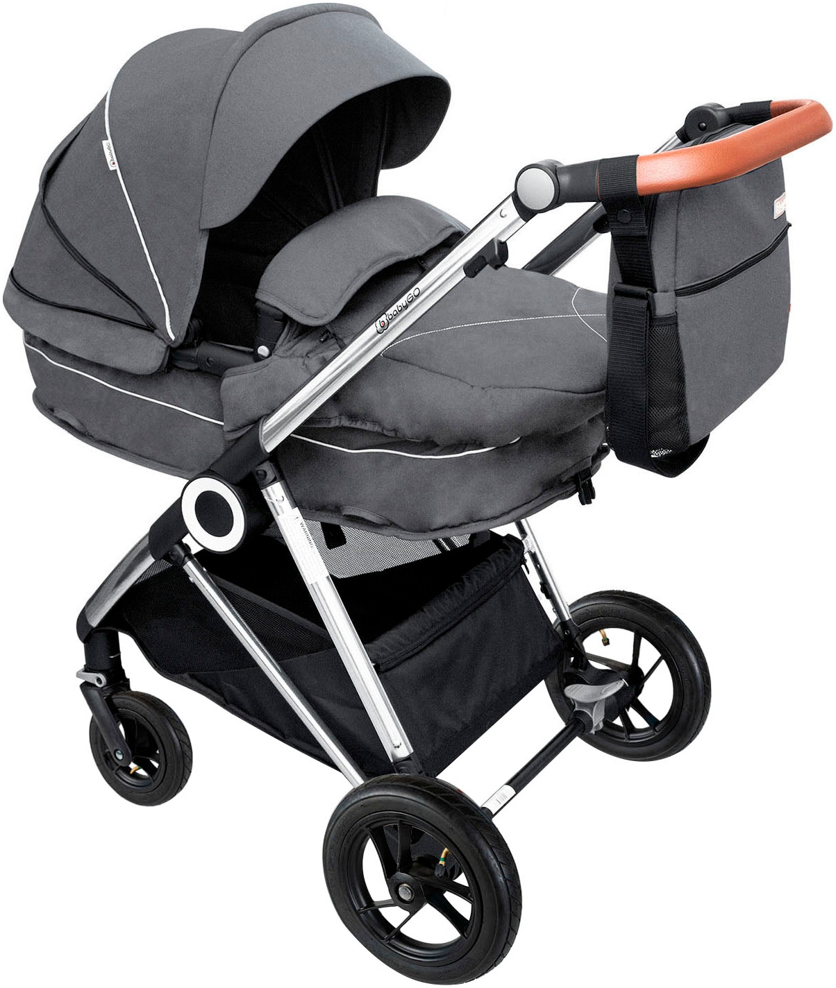 BabyGo Kombi-Kinderwagen »Halime AIR 3in1, Anthracite Black«, mit Luftreifen, inkl. Babywanne, Babyschale, Regenhaube & Wickeltasche