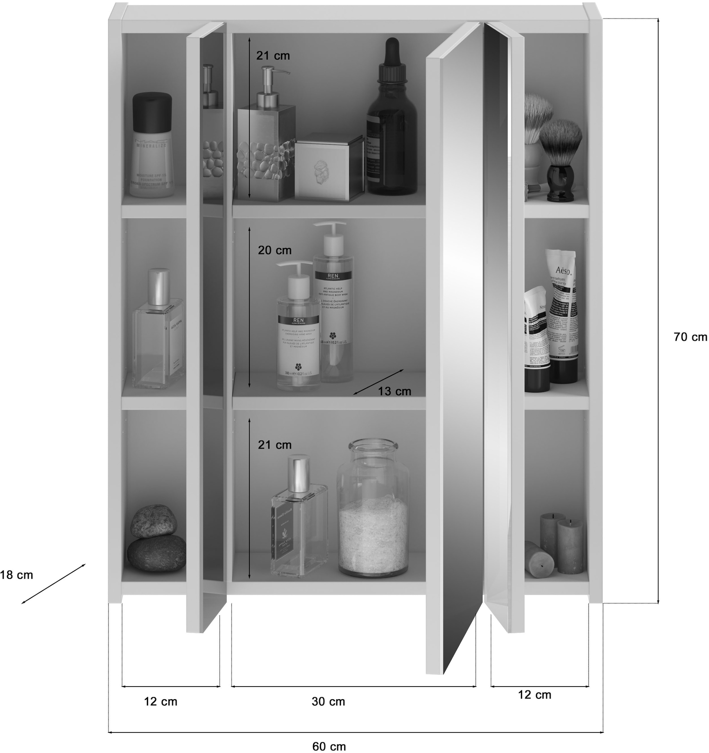 INOSIGN Badezimmerspiegelschrank »Malmö, Breite 60 cm, 3 Spiegeltüren, 9 Fächer, 6 Einlegeböden«, in verschiedenen Farben erhältlich, Badmöbel, Spiegel, Badschrank, Bad