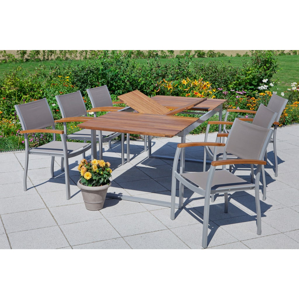 MERXX Garten-Essgruppe »Naxos«, (7 tlg., 6x Stapelsessel, 1x Ausziehtisch 150(200)x90 cm)