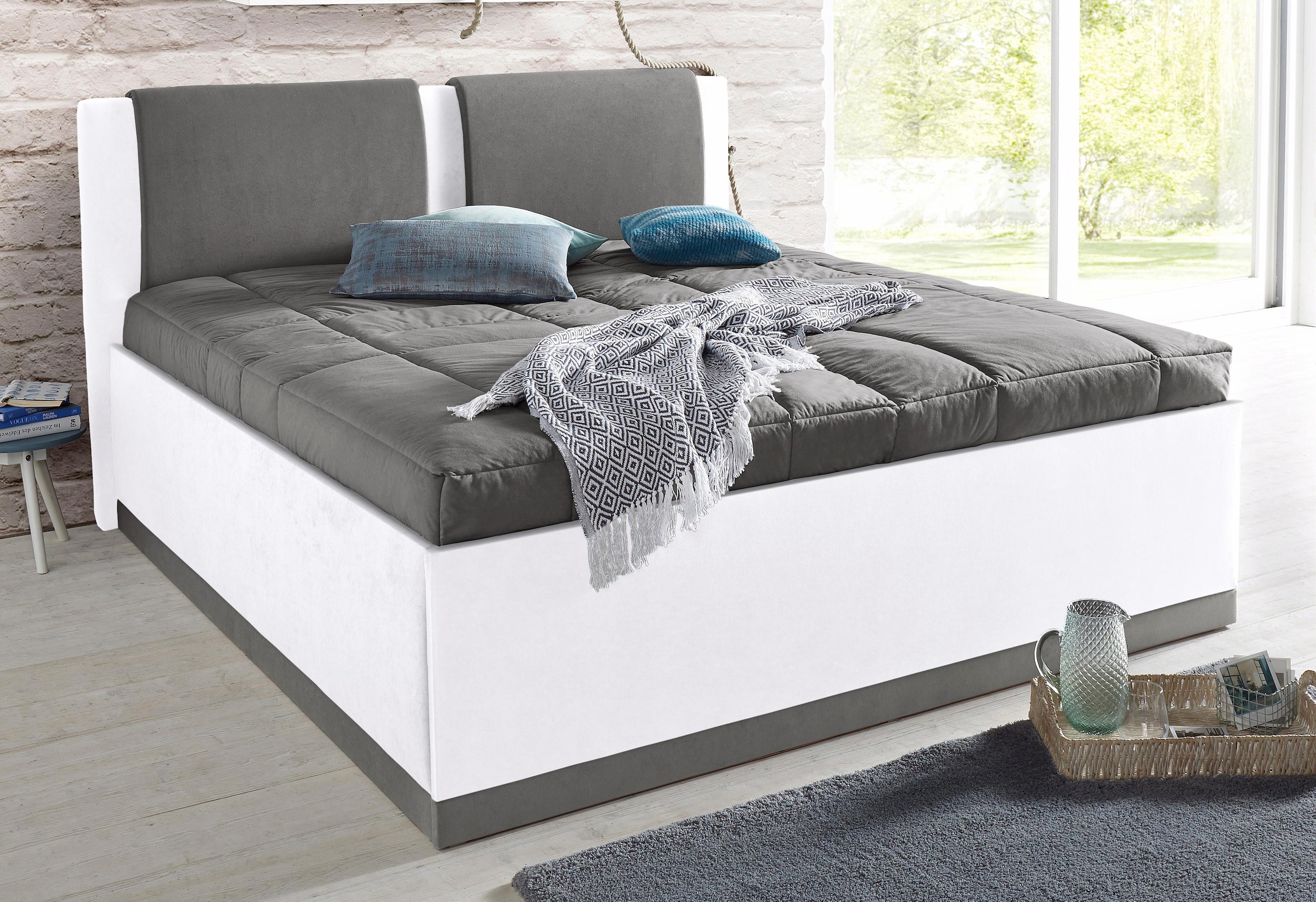 Westfalia Schlafkomfort, Polsterbett mit Bettkasten und Tagesdecke, weiß/dunkelgrau, Bezug Bett: Microfaser (100% Polyester);Bonnell-Federkernmatratze