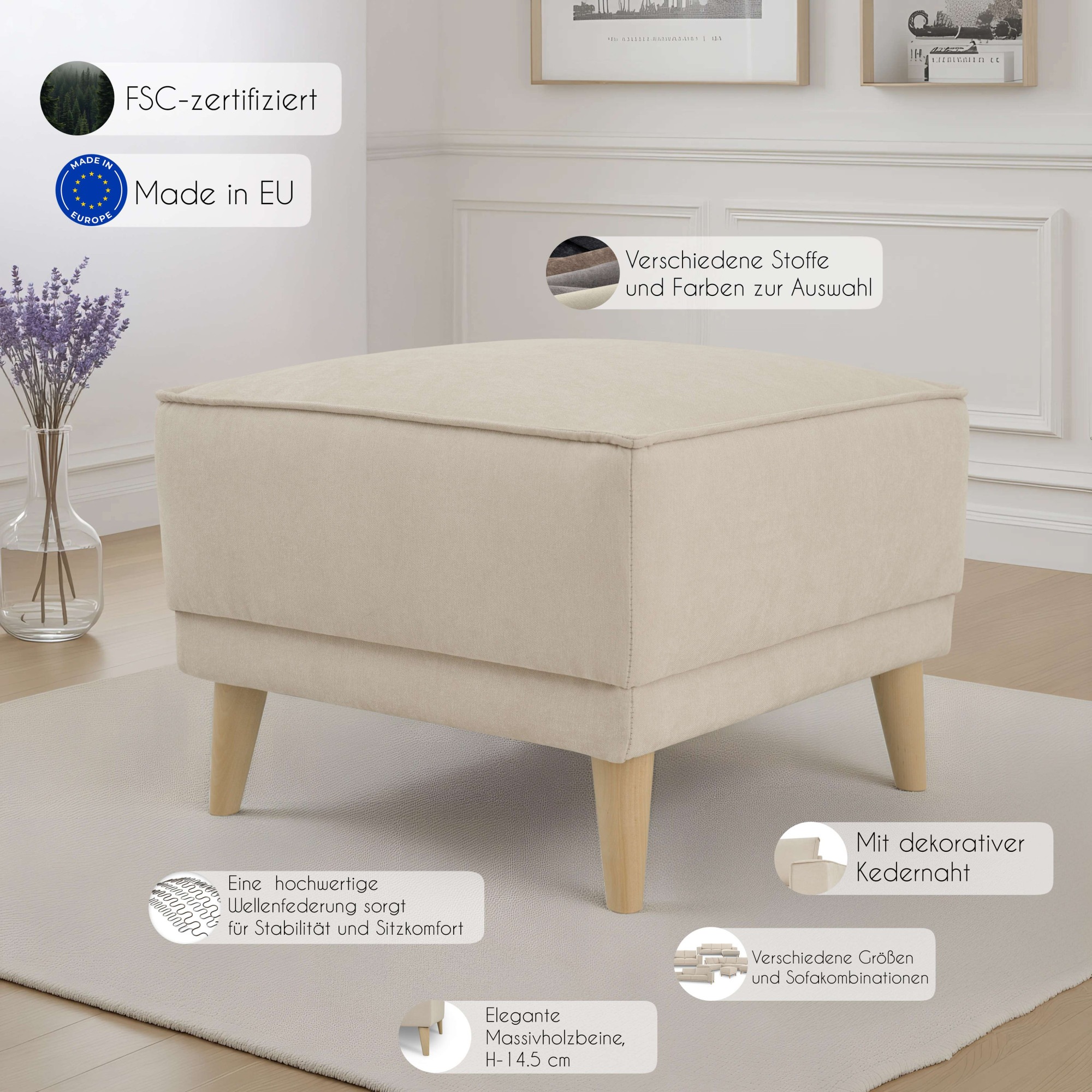 OTTO home Polsterhocker »Oland Skandi« passend zur Serie Oland Skandi, Skandi-Design, Massivholzfüße