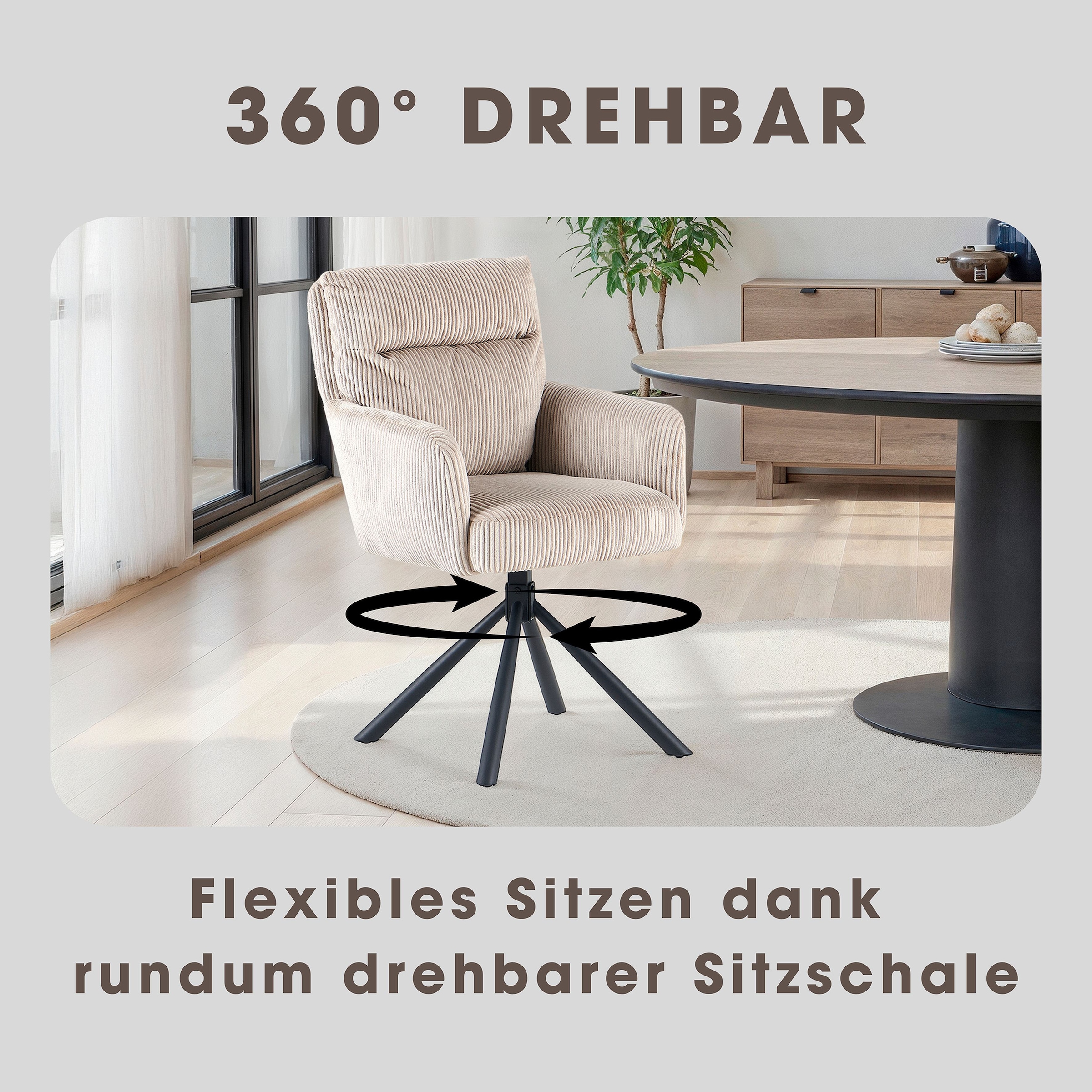 OTTO home Esszimmerstuhl »Justin« (Set) 2 Stk.gemütlicher Sessel mit Taschenfederkern, 360 Grad drehbar, Grob - Cord