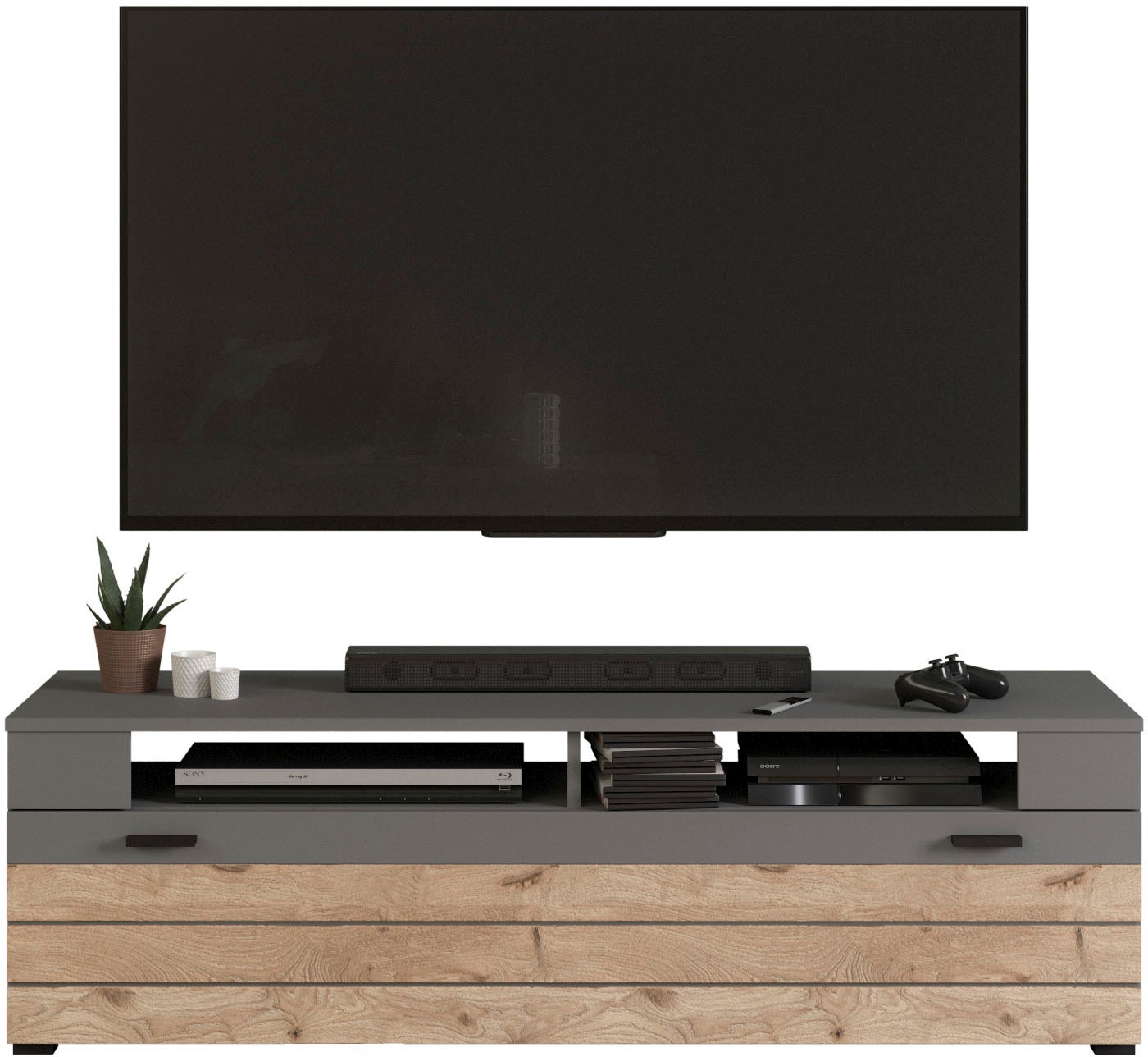INOSIGN Wohnwand »Aalborg, Breite 350cm, 2-farbig,Metallgriffe, 4-teilig, bestehend aus:«, (4 St.), 1x Vitrine, 1x Lowboard, 1x Wandboard und 1x Highboard