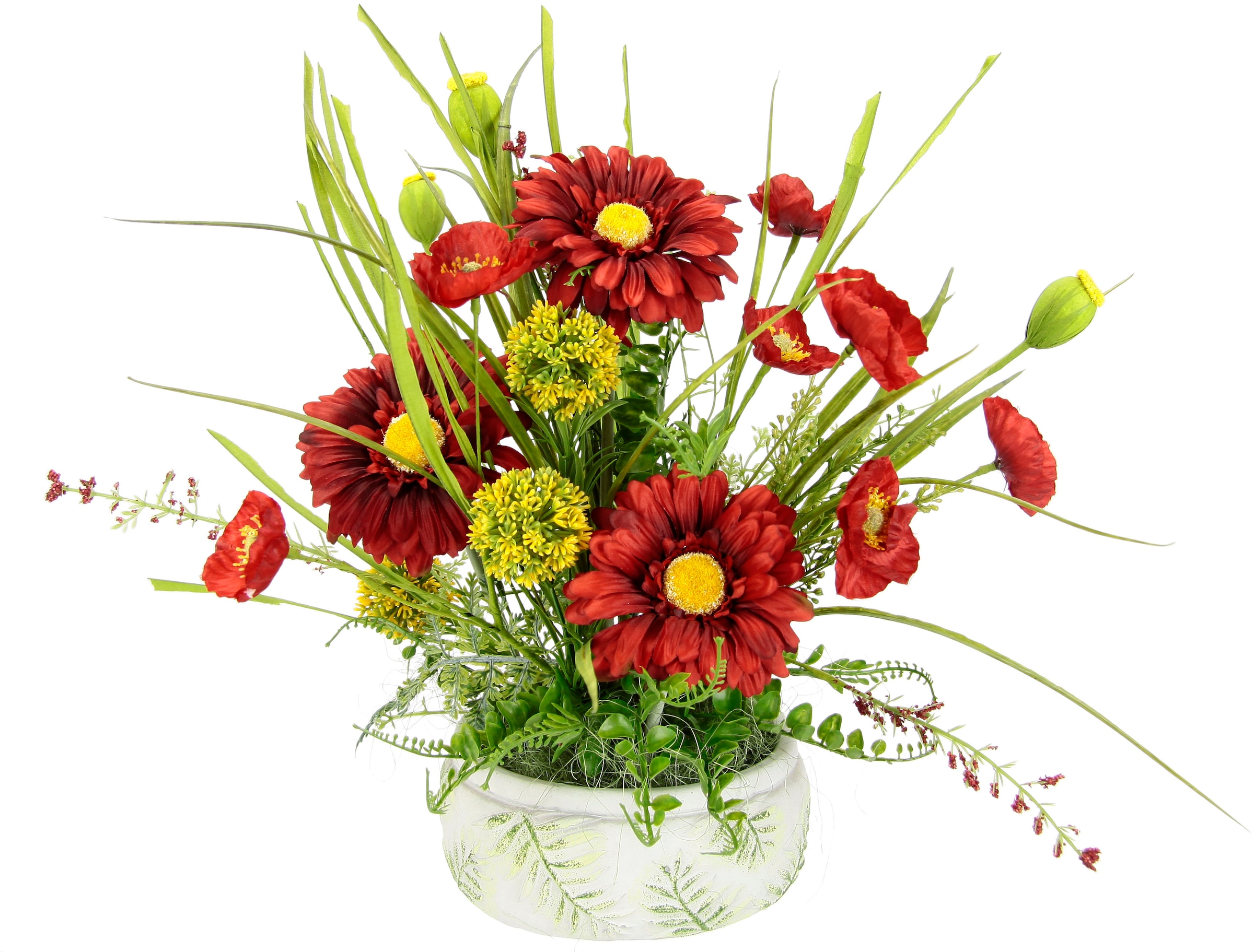 I.GE.A. Kunstblume »Blumenarrangement aus Gerbera und Mohnblumen in Schale aus Keramik«, Dekoblumen Blumenstrauß Seidenblumen Tischdeko Hochzeitsdeko
