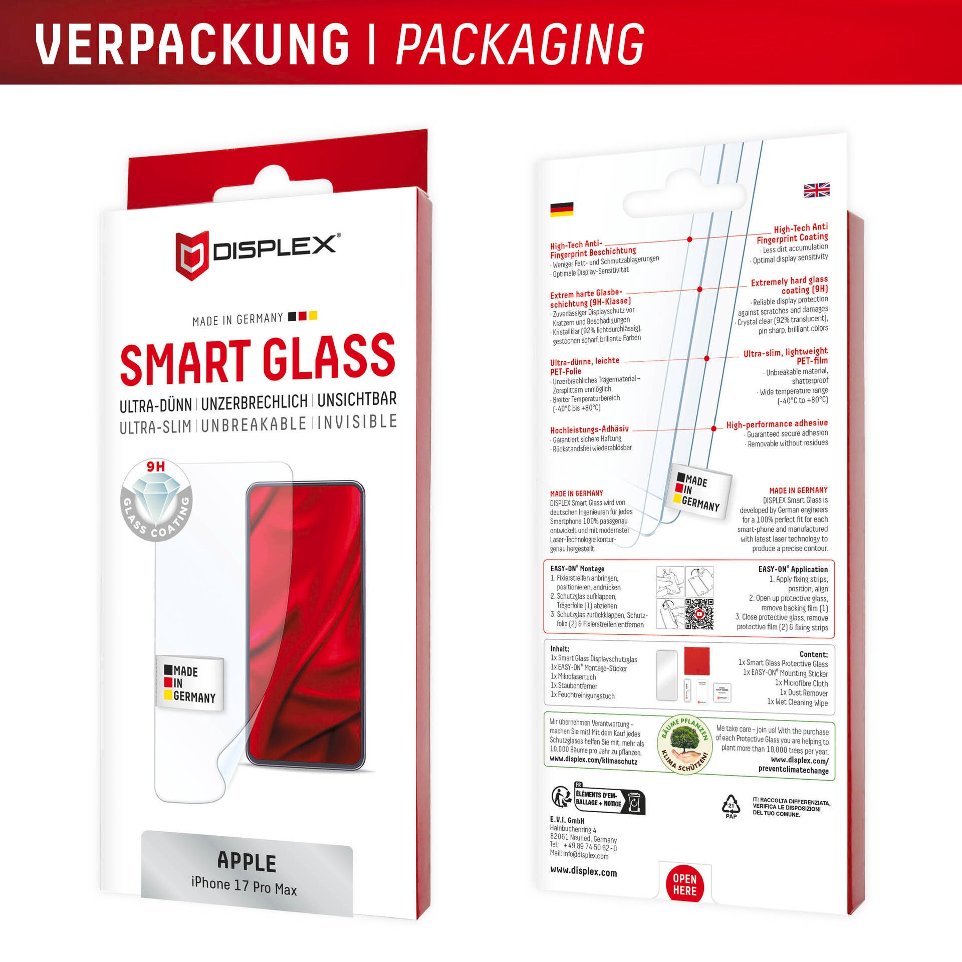 Displex Displayschutzglas »Smart Glass Screen Protector« für Apple iPhone 17 Pro Max Displayschutzfolie, Schutzfolie, Bildschirmschutz, kratz- & stoßfest