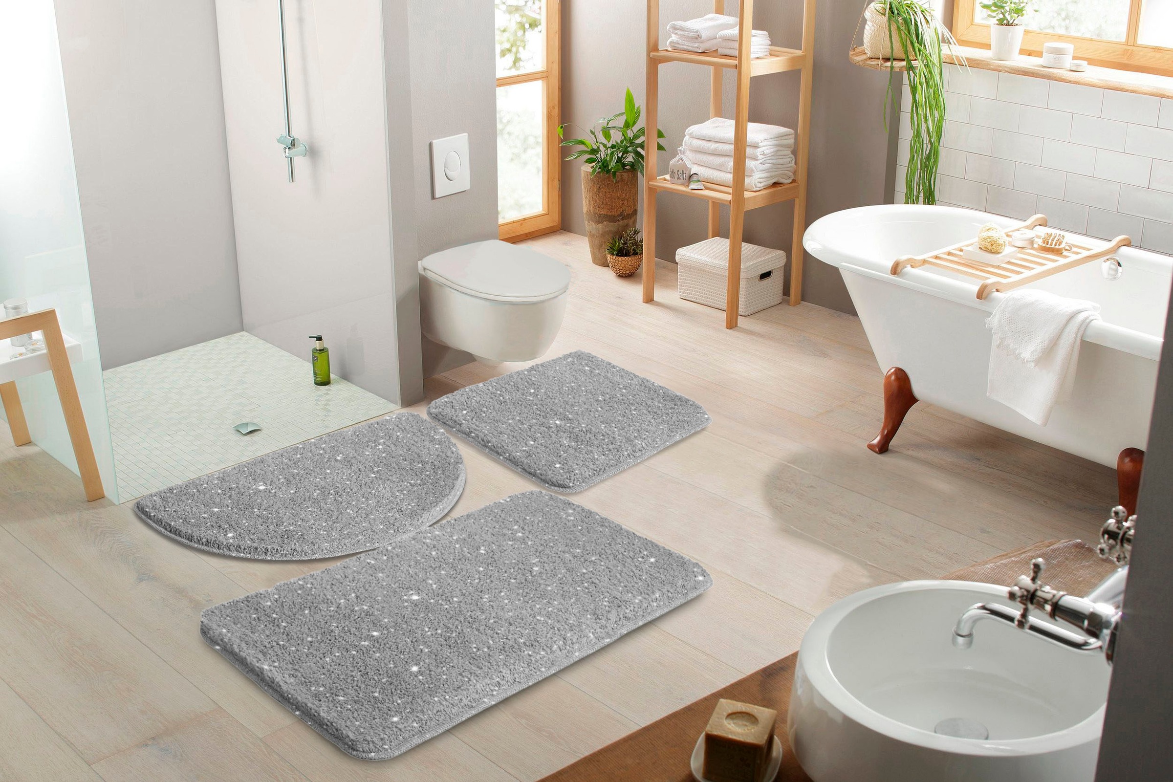 my home Badematte »Glitzer, Badvorleger, Badezimmer Teppich«, rutschhemmend beschichtet, fußbodenheizungsgeeignet-schnell trocknend-strapazierfähig, Badteppich, Akzente durch Glitzer-Garn