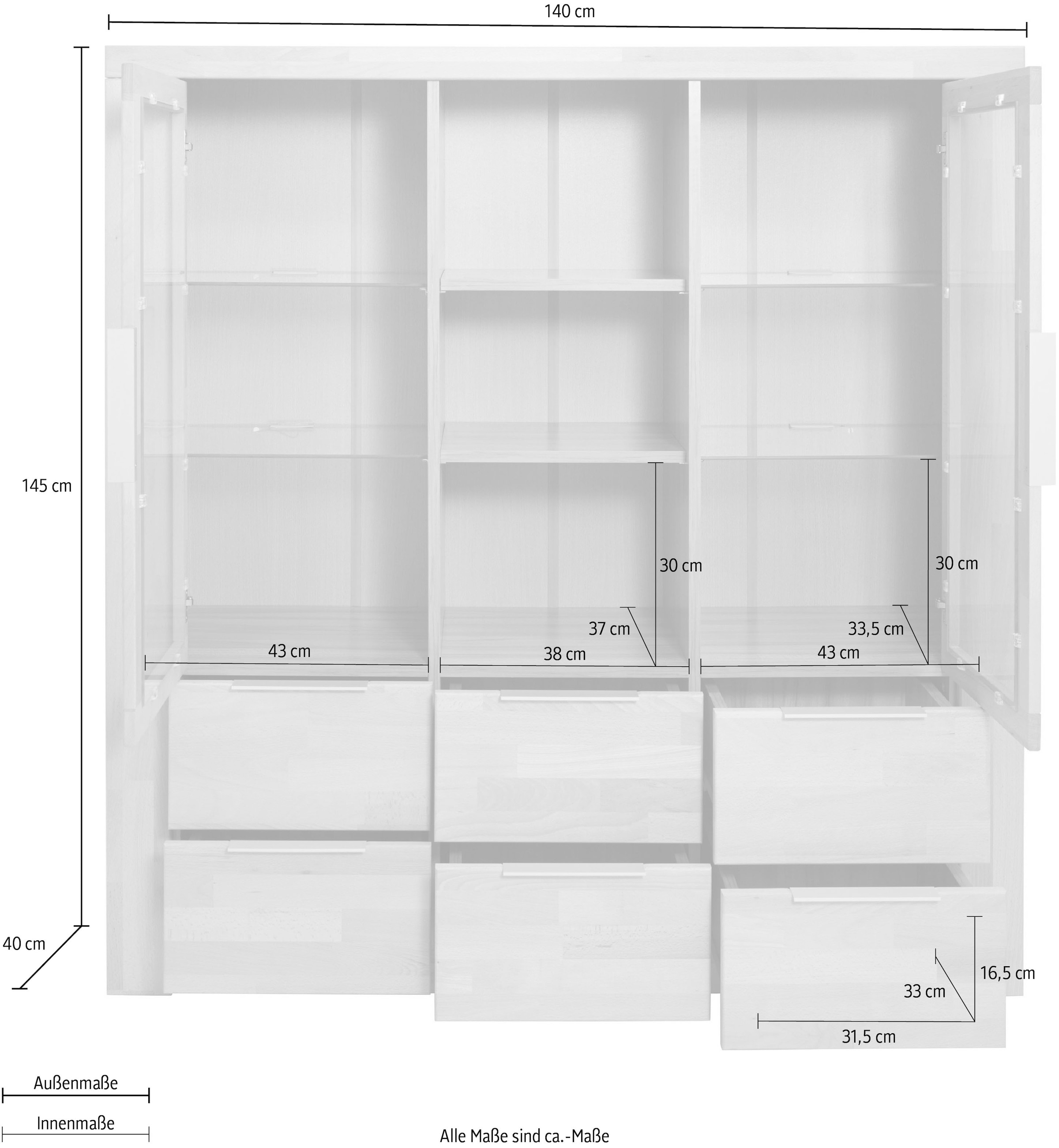 OTTO home Highboard »Zara, 9 Fächer, 6 Schubkästen« B/T/H: 140/40/145, Metallgriffe