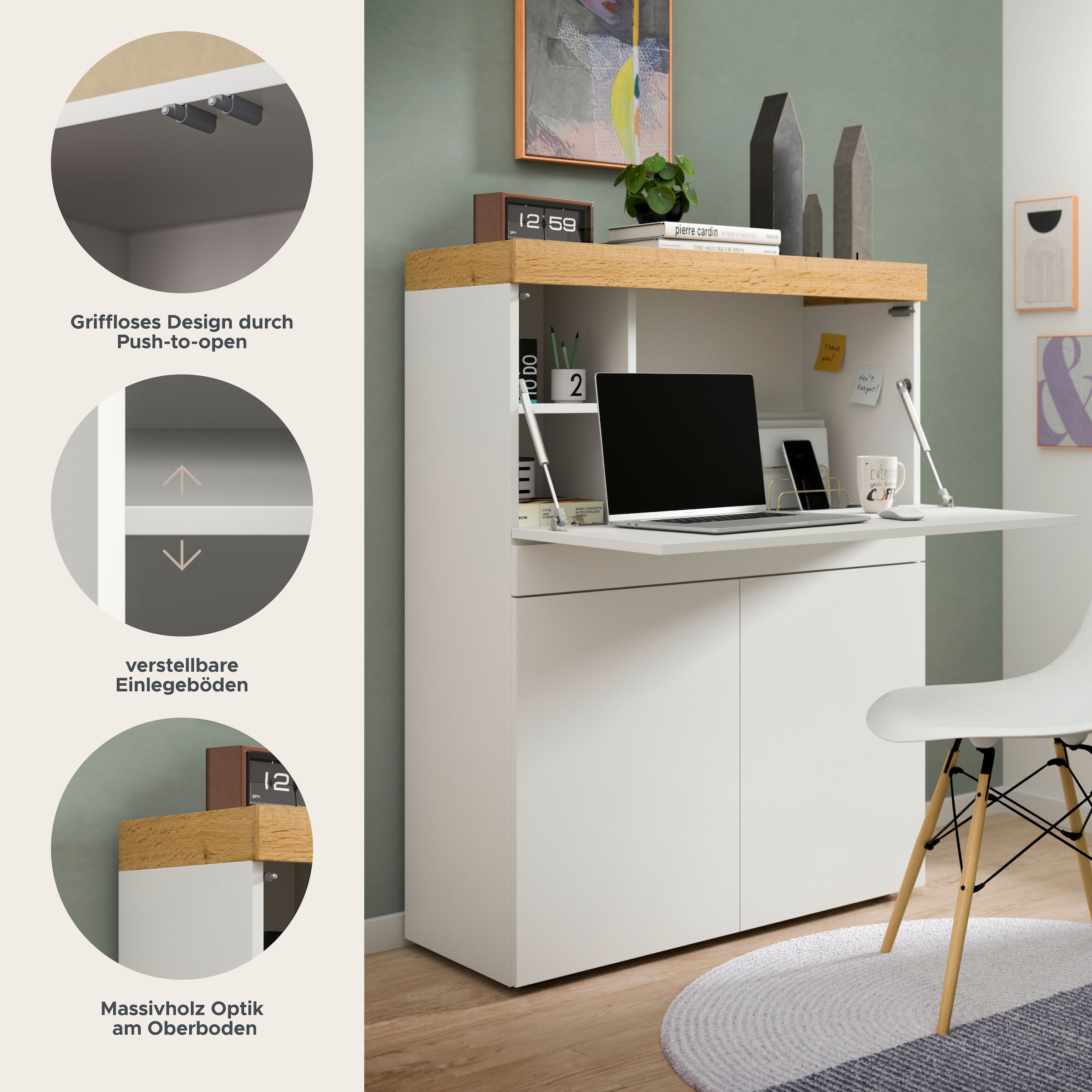 OTTO home Sekretär »MAMBO, Höhe 122cm, Home-Office-Schreibtisch, PC-Schrank« 2 Türen, 1Klappe, 7 Fächer, 1 Schubkasten, 3 höhenverstellbare Böden,  Multifunktional mit viel Stauraum, klappbare Tischfläche