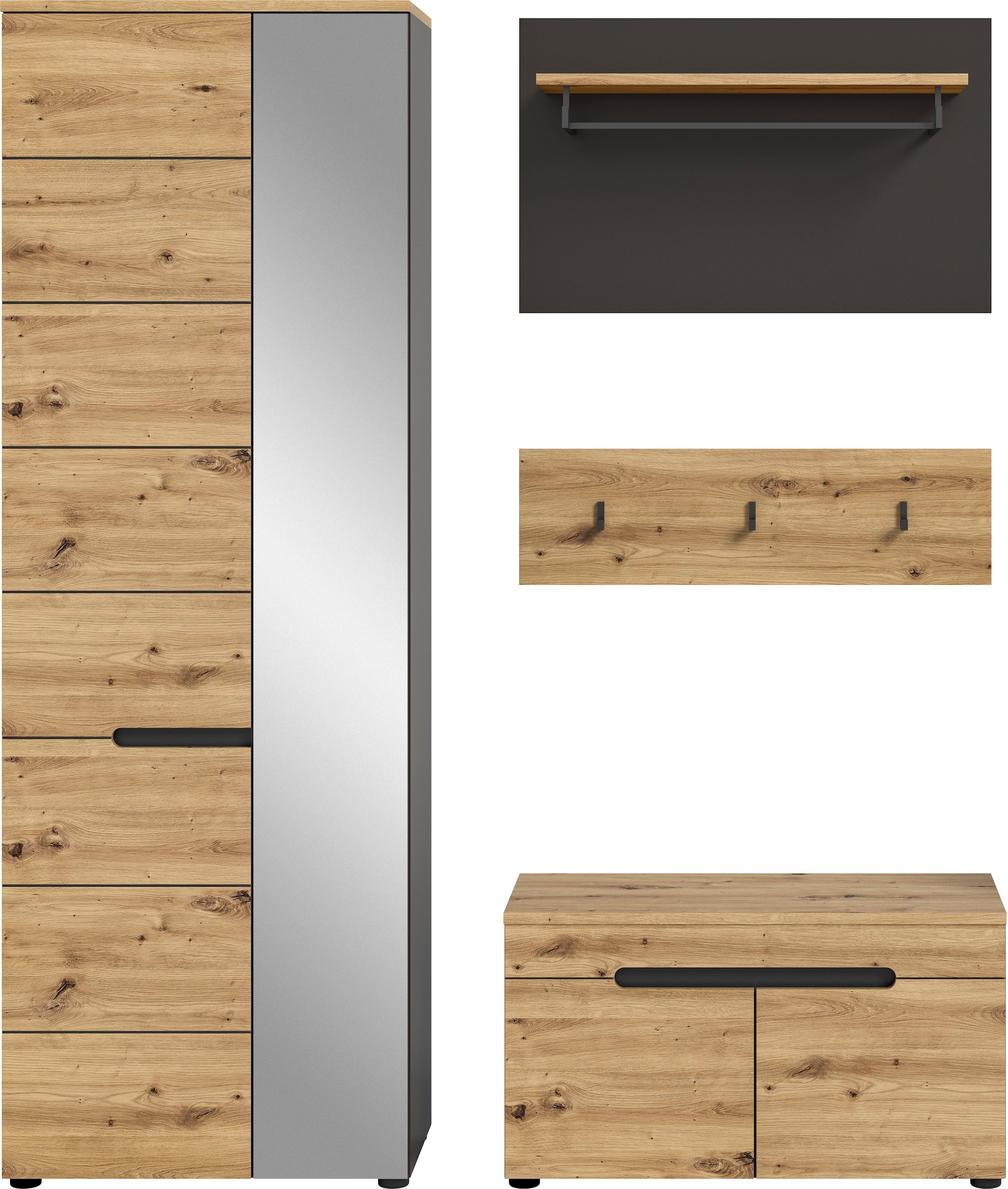 Home affaire Garderoben-Set »REHAT, TOPSELLER!, 4-teilig, Breite 160cm, individuell stellbar« bestehend aus: Garderobenschrank, Sitzbank, Paneel, Hakenleiste, 3 Stk. tlg.