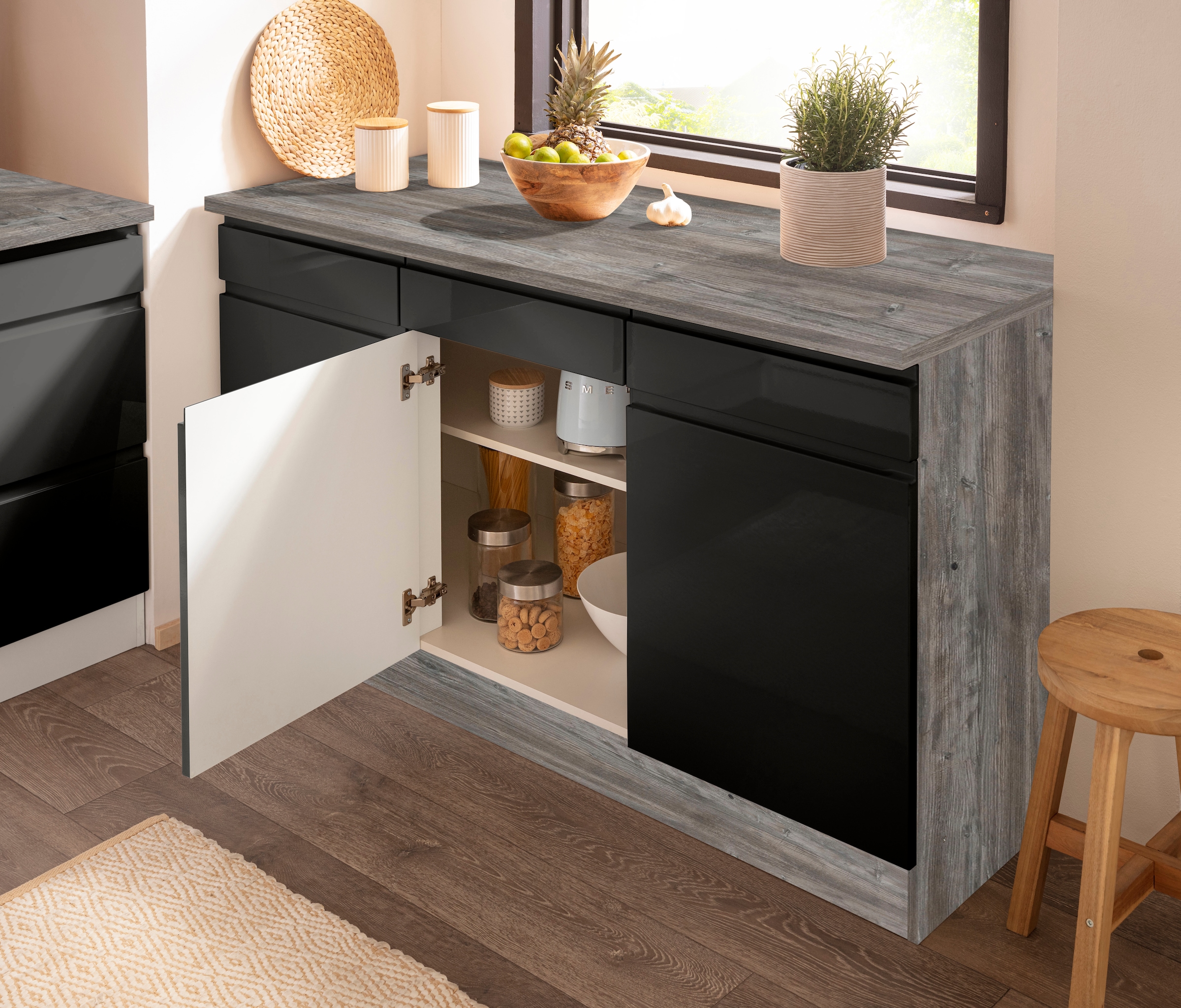 KOCHSTATION Unterschrank »KS-Virginia«, 85 cm hoch, 150 cm breit, 3 Schubladen, 3 Türen, griffloses Design