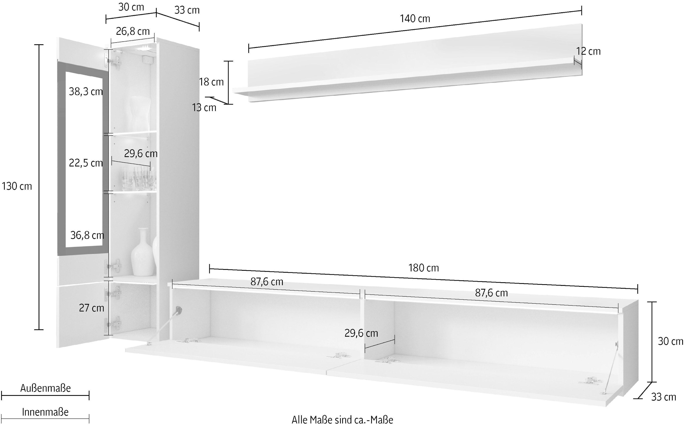 INOSIGN Wohnwand »VERA I«, (Komplett-Set, 3 St.), Mediawand 230 cm, Vitrine mit Verglasung, stehend und hängend