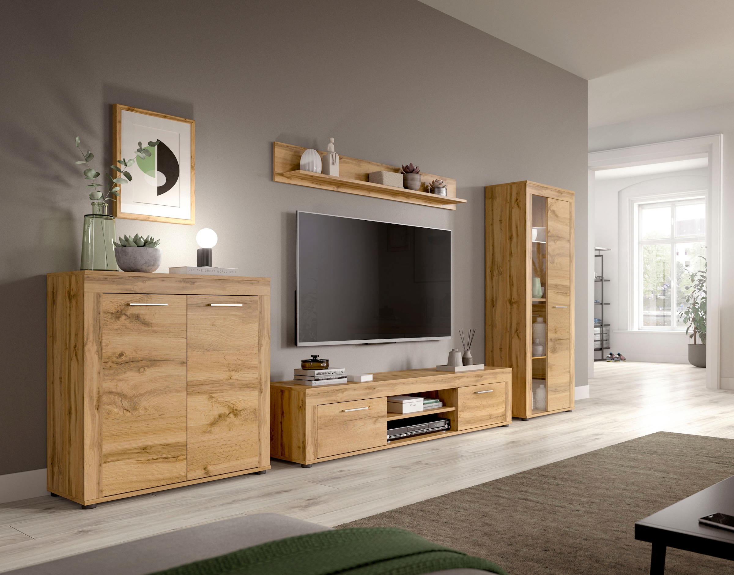 INOSIGN Wohnwand »Aosta, Breite 330cm, best. aus Highboard, Lowboard, Wandboard, Vitrine«, (4 St.), Wohnwand, Kombination, Anbauwand, Möbel Set, Schrankwand, Möbel Kombi