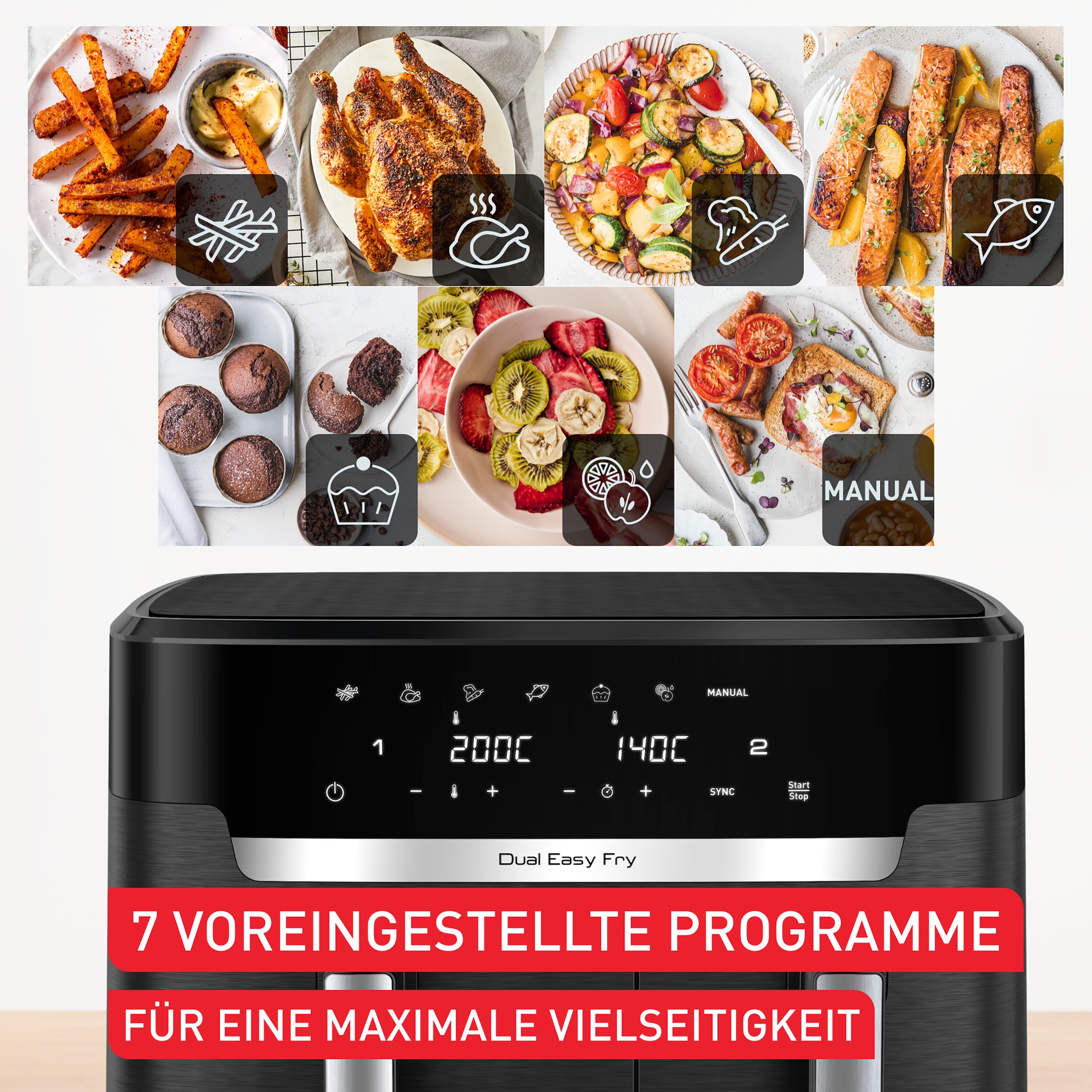 Tefal Heißluftfritteuse »EY9428 Dual Easy Fry XX«, 2700 W, 2 Schubladen, 6,5l + 4,5l, 7 voreingestellte Programme, Rezepte-App