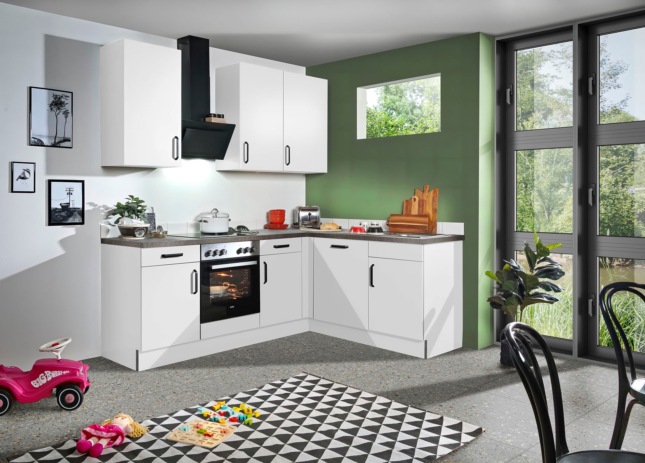 wiho Küchen Winkelküche »"Simi", mit verstellbaren Füßen, wahlweise mit E-Geräten,«, Soft-Close-Funktion in Schubkästen & Auszügen, Stellbreite 225/175 cm