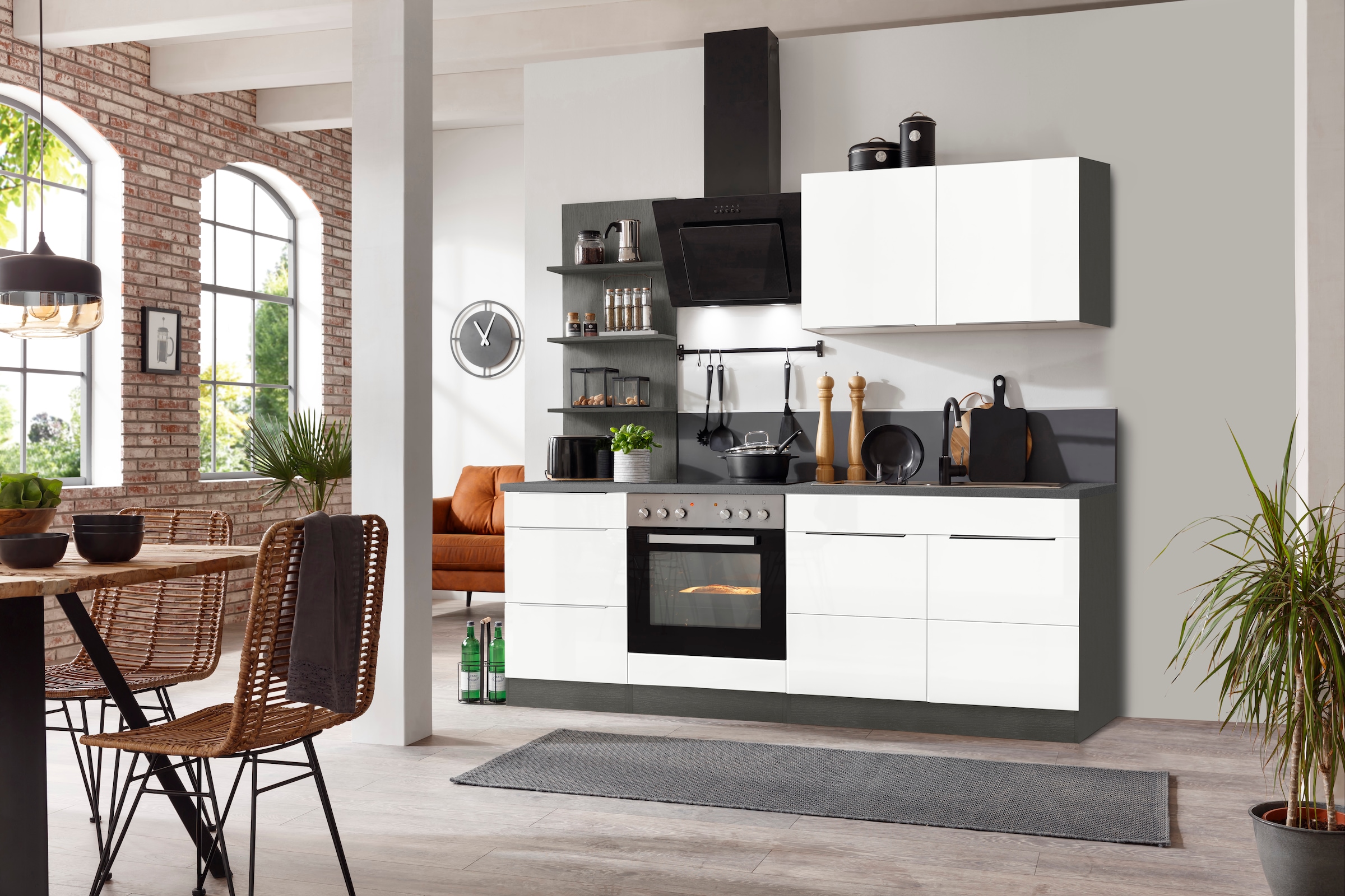 KOCHSTATION Küchenzeile »KS-Brindisi«, Breite 210 cm, wahlweise mit E-Geräten, mit MDF-Fronten und Regal