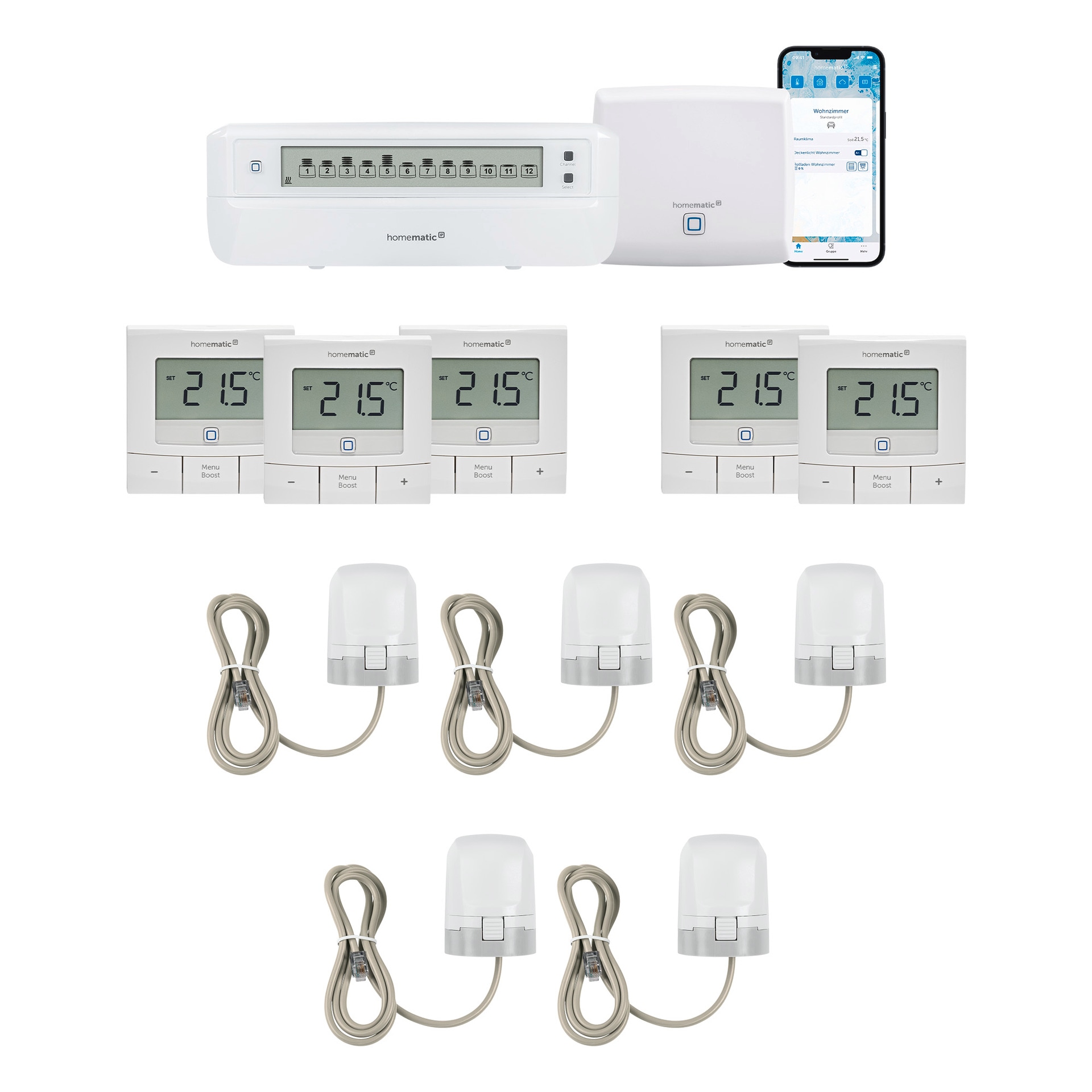 HomeMatic Smart-Home-Zubehör »Bundle aus AP, 1x Fussbodenaktor, 5x Stellantrieb, 5x Wandthermostat«, (12 St.)