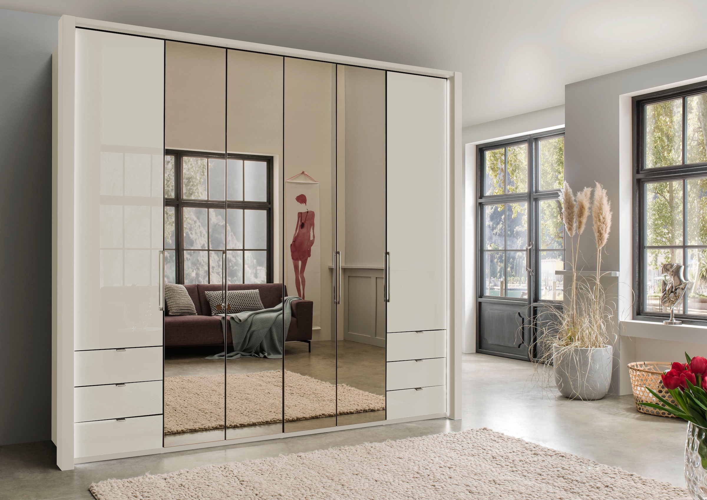 WIEMANN Falttürenschrank »Kansas, Kleiderschrank, Schrank, Wäscheschrank, mit Glas und Spiegel«, (2 Breiten, 2 Höhen 216/236 cm auswählbar, MADE IN GERMANY), inkl. gepämpften Schubkästen und Türen, mit Panoramaöffnung