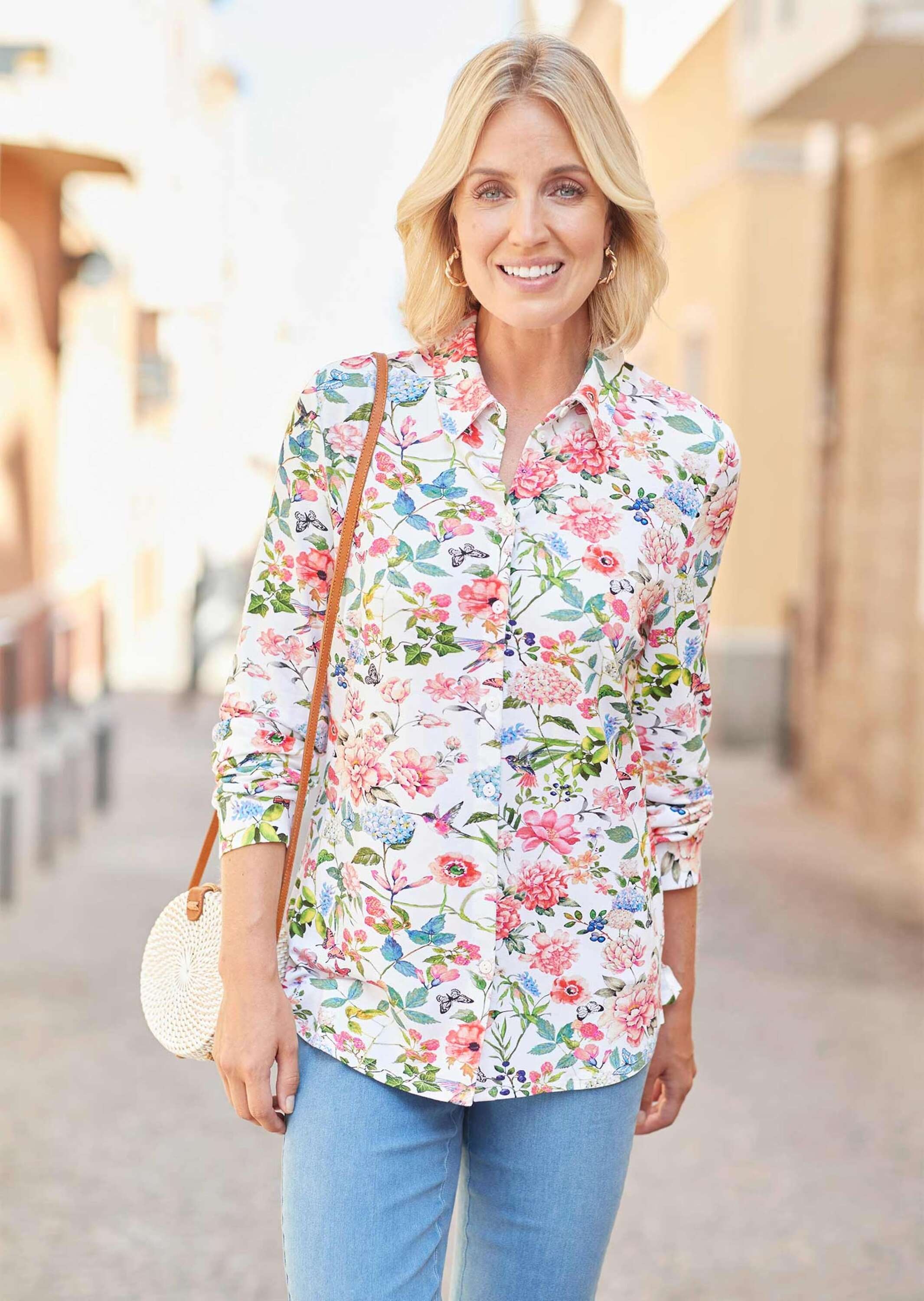 GOLDNER Hemdbluse »Kurzgröße Jerseybluse mit floralem Allover-Druck« Hübsches Allover-Blumendessin