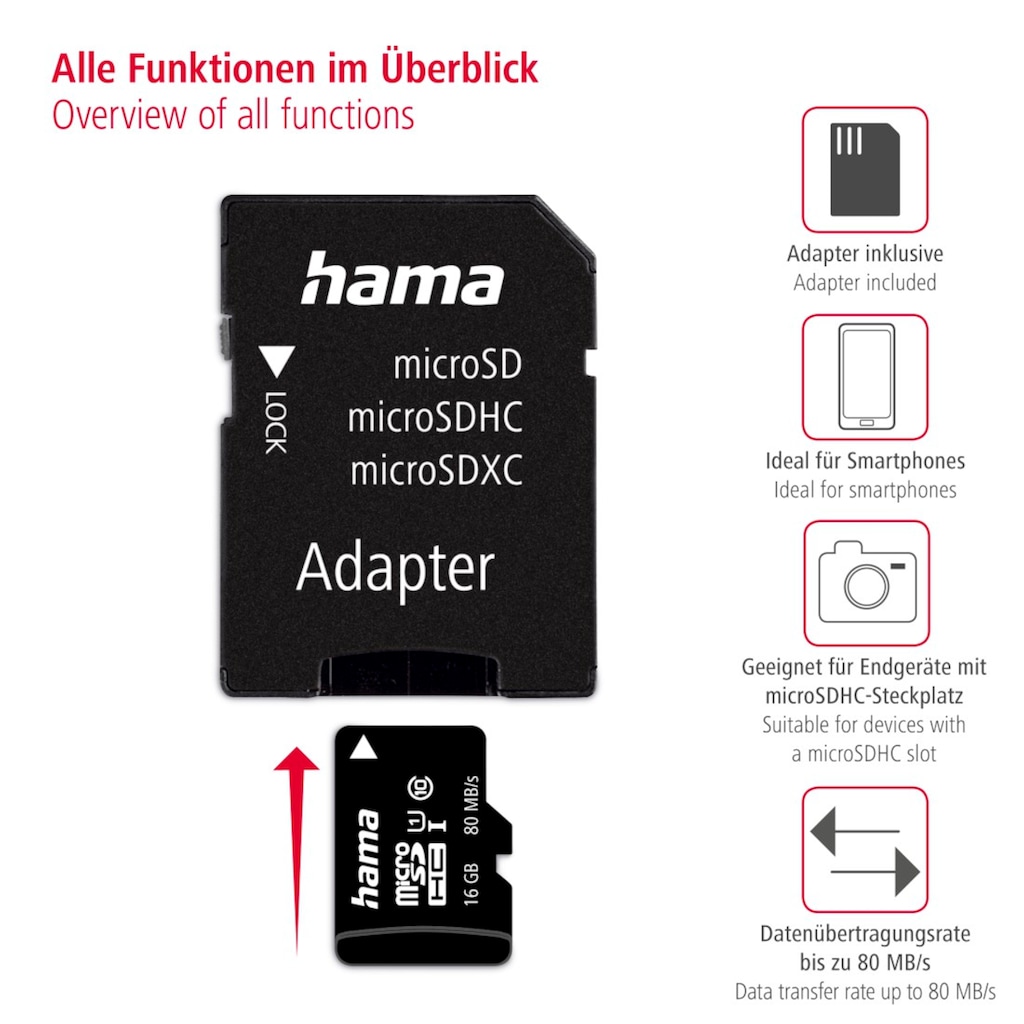 Hama Speicherkarte »microSDHC/XC Class 10 UHS-I 80MB/s + Adapter/Mobile«, (UHS-I Class 10 80 MB/s Lesegeschwindigkeit)