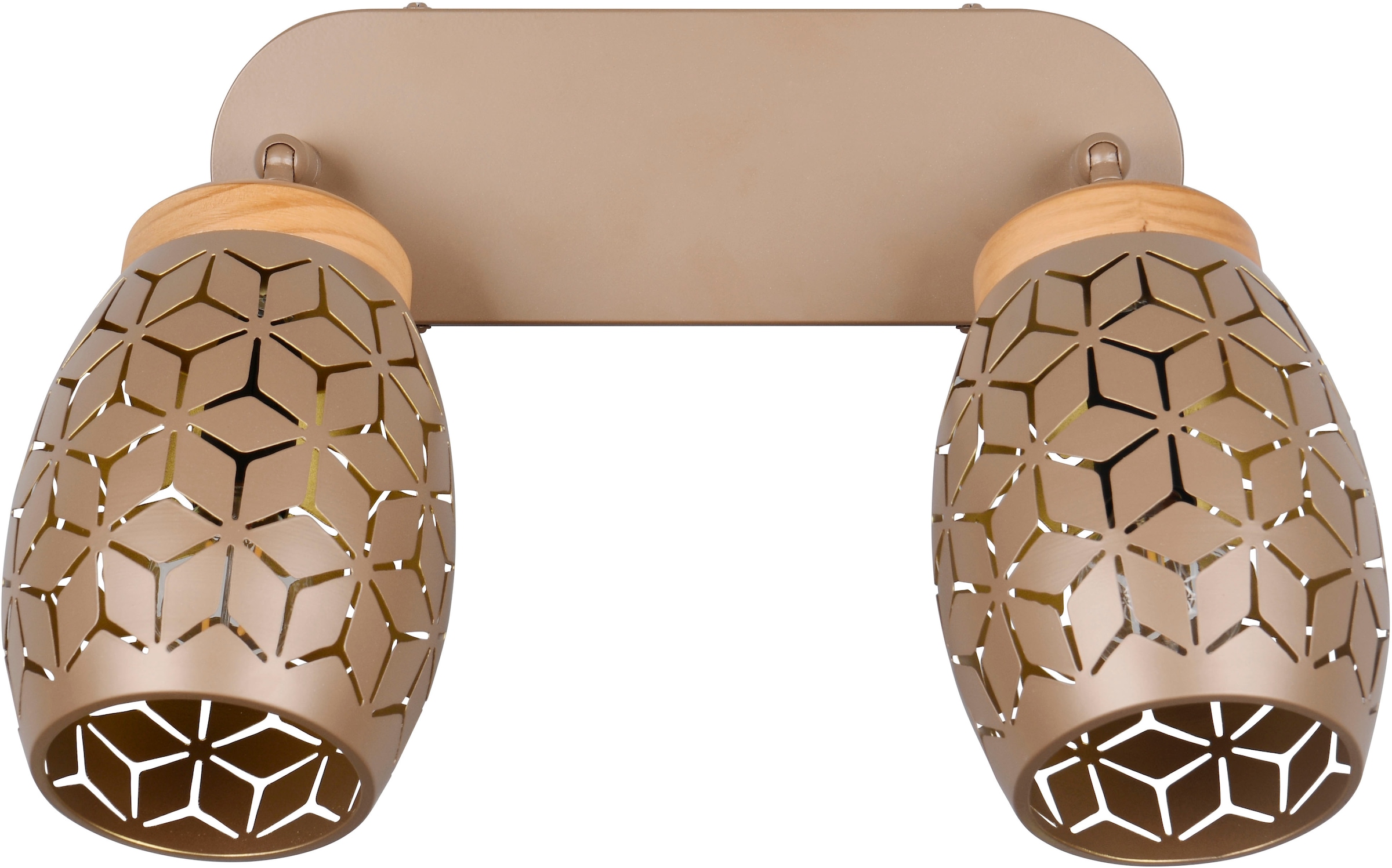 REALITY Leuchten Deckenstrahler »BIDAR 2-flammig, exkl 2x E14 max 10W, Wand- oder Deckenmontage möglich« E14 1 Stk. warmweiß - kaltweiß Spots verstellbar, Metall-Lampenschirm mit Lasercut Optik + Holz Dekor