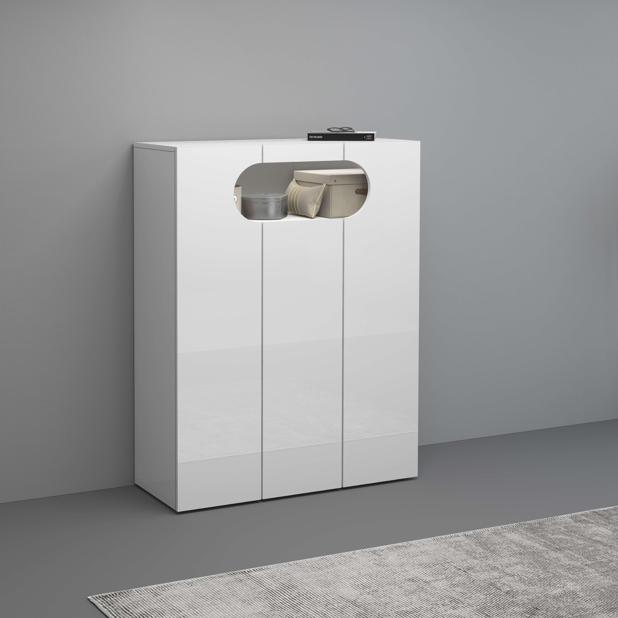 INOSIGN Schuhschrank »Real,Schuhschrank,Schuhkommode,Schuhregal,Breite 90 cm«, komplett Hochglanz lackiert, 3 Türen mit offenem Fach in ovaler Form