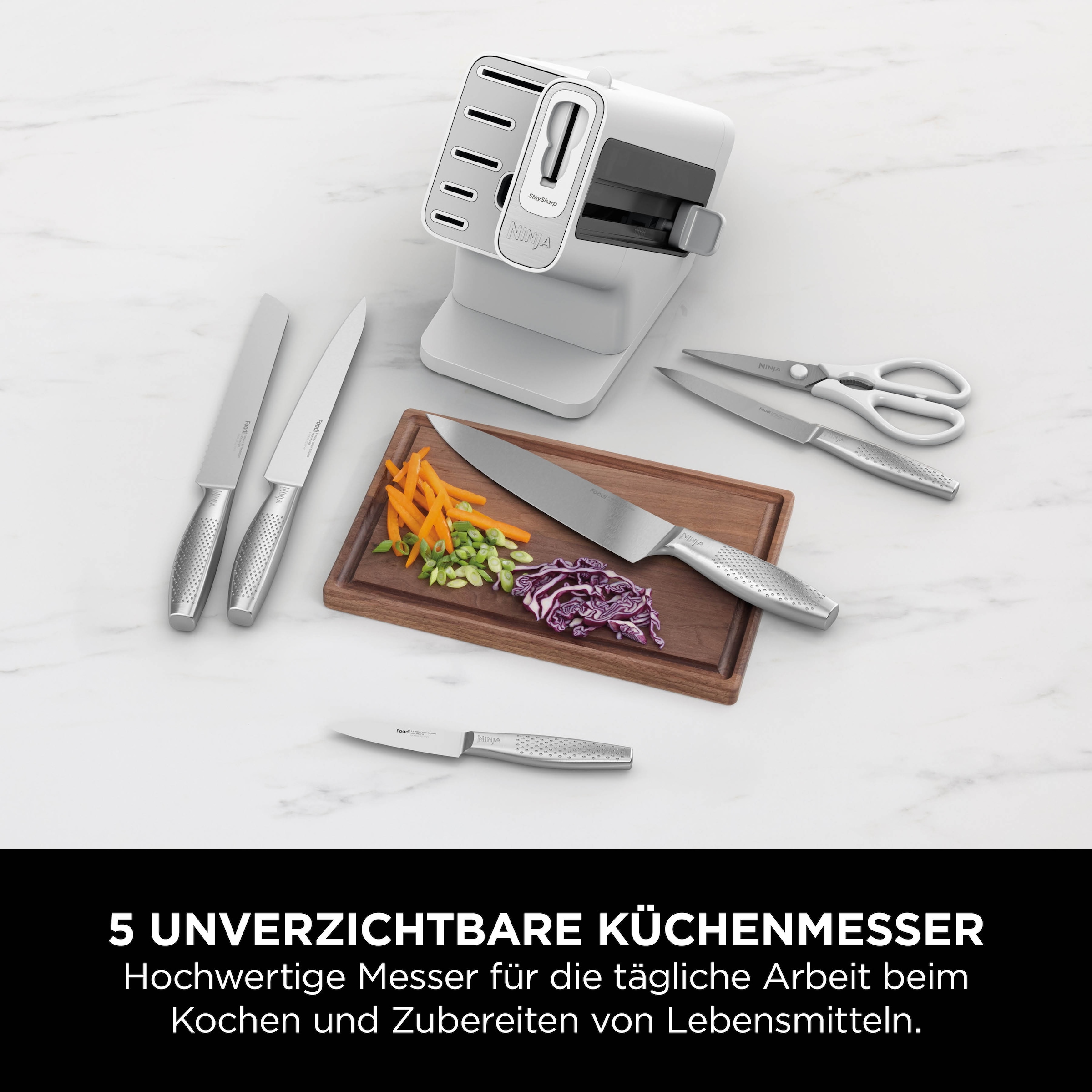 NINJA Messerblock »Ninja StaySharp Messerblock mit integriertem Schleifer K62006EUWH« 7 Stk. rostfreier deutscher Edelstahl, Erl-Design, integrierter Schleifer