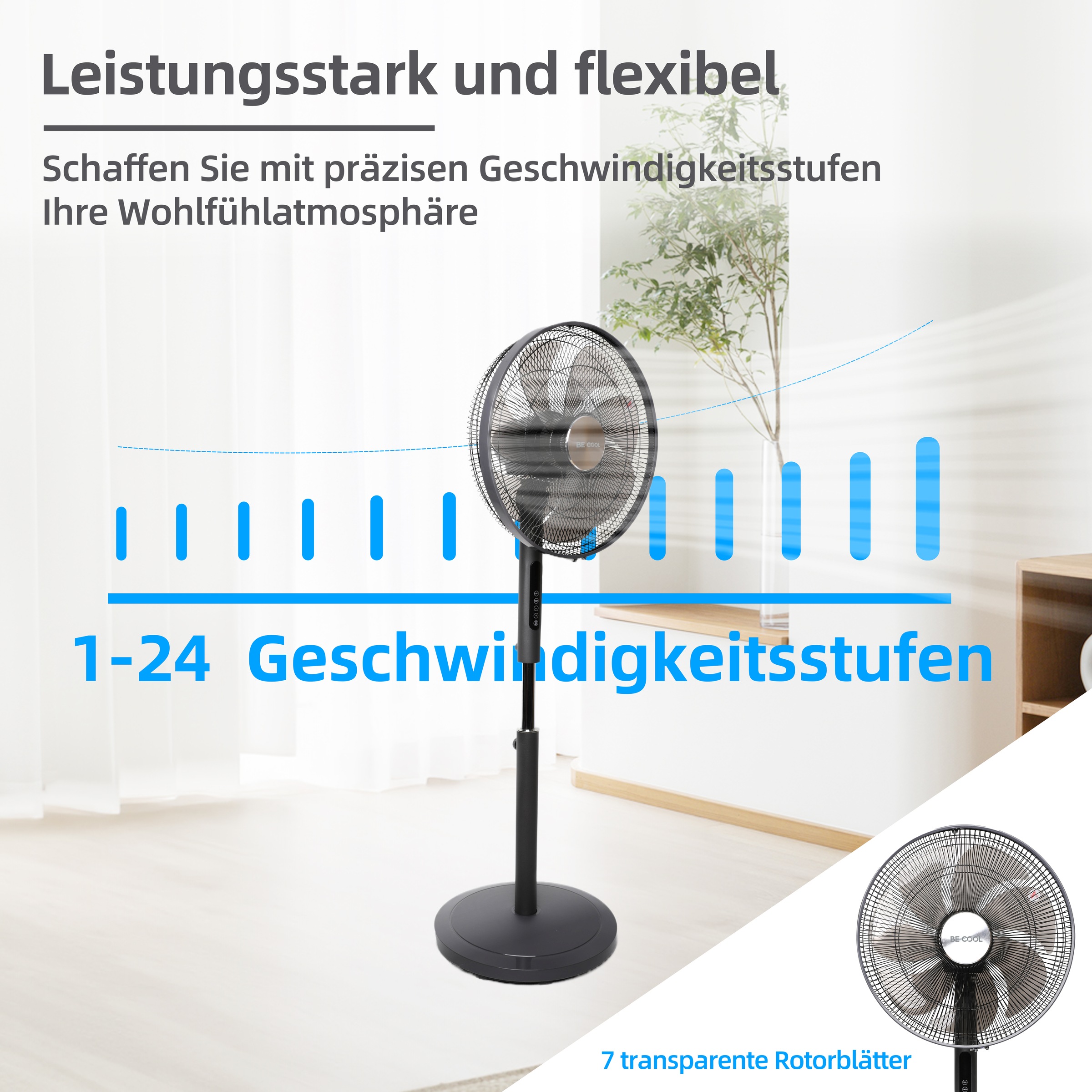 be cool Standventilator »Gleichstrom-Standventilator 45cm mit 7 Rotorblättern«, energieeffizient, 7-flügelig, Fernbedienung