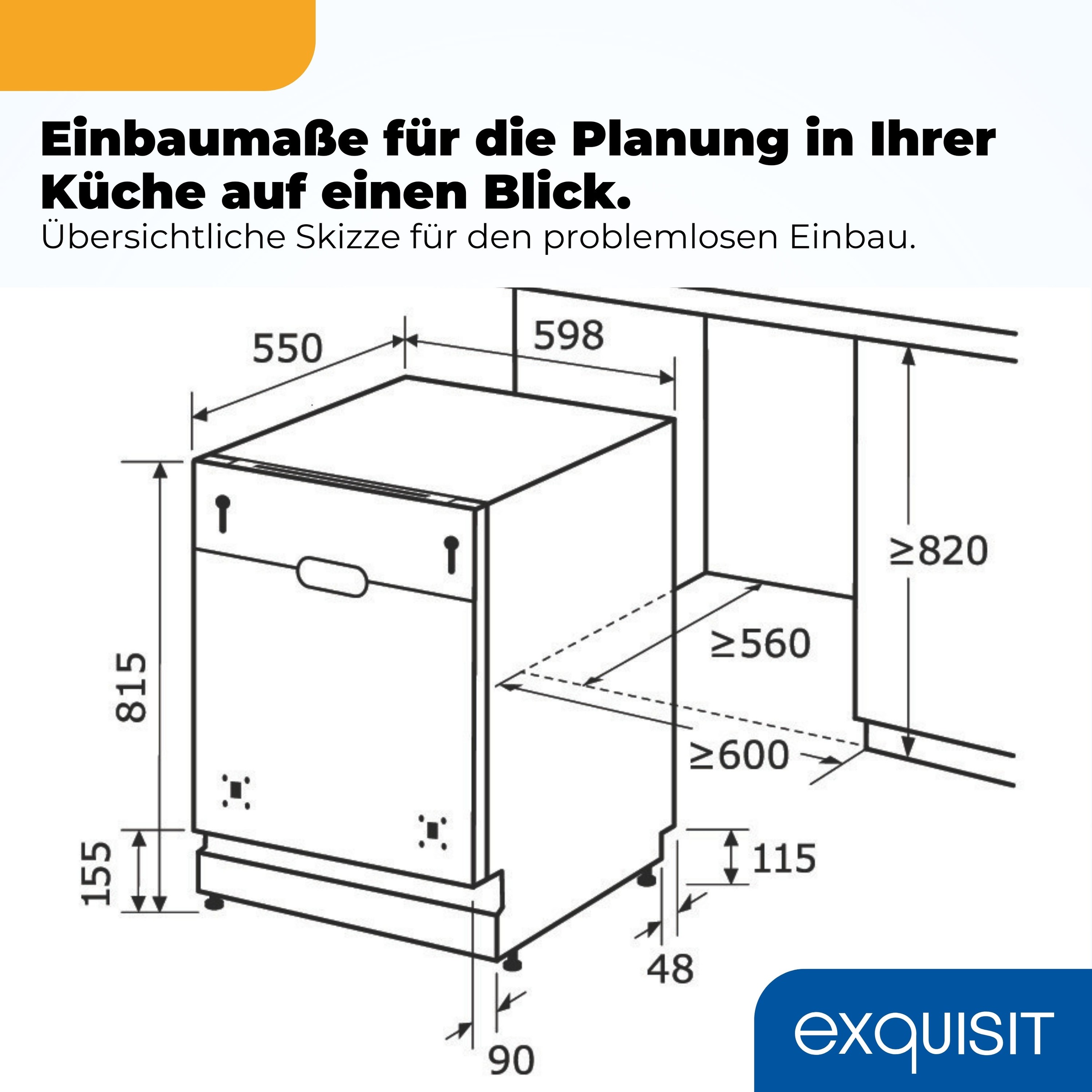 exquisit vollintegrierbarer Geschirrspüler 9614 »EGSP9614-E-030A inox« 9,5 l 14 tlg. Maßgedecke 14 Maßgedecke & flüsterleise 42 dB – stark und angenehm ruhig