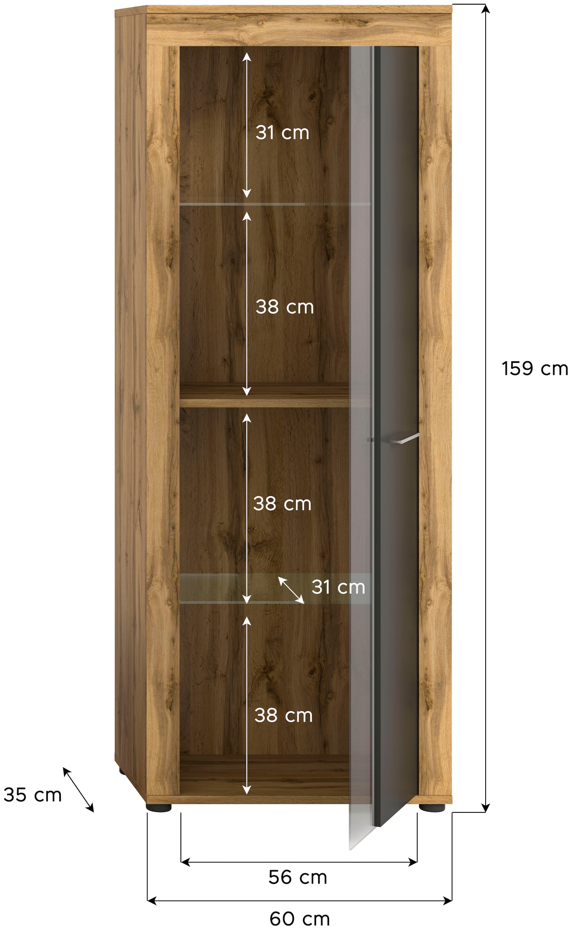 INOSIGN Vitrine »Aosta, Höhe 159 cm, in verschiedenen Farbausführungen«, 1 Tür, 3 Einlegeböden, 4 Fächer, Wohnzimmer, Standvitrine, Glasvitrine