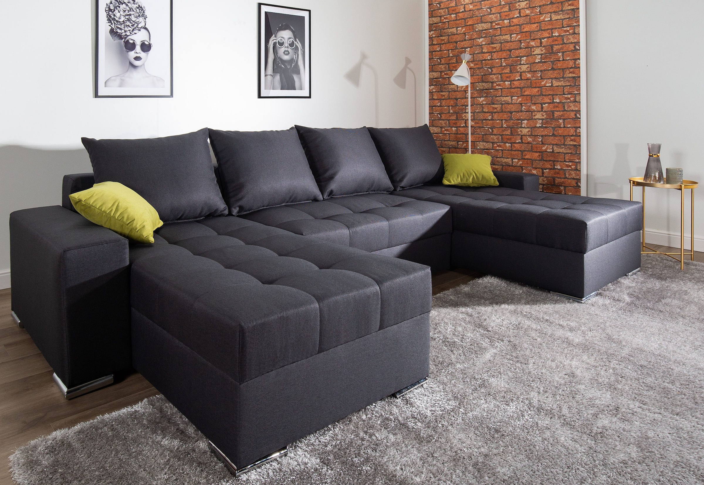 COLLECTION AB Wohnlandschaft »XL-Josy U-Form, Breite 313 cm, Flachgewebe, Struktur, Kunstleder«, inkl. Bettfunktion, Bettkasten, mit 4 gleich großen Rückenkissen