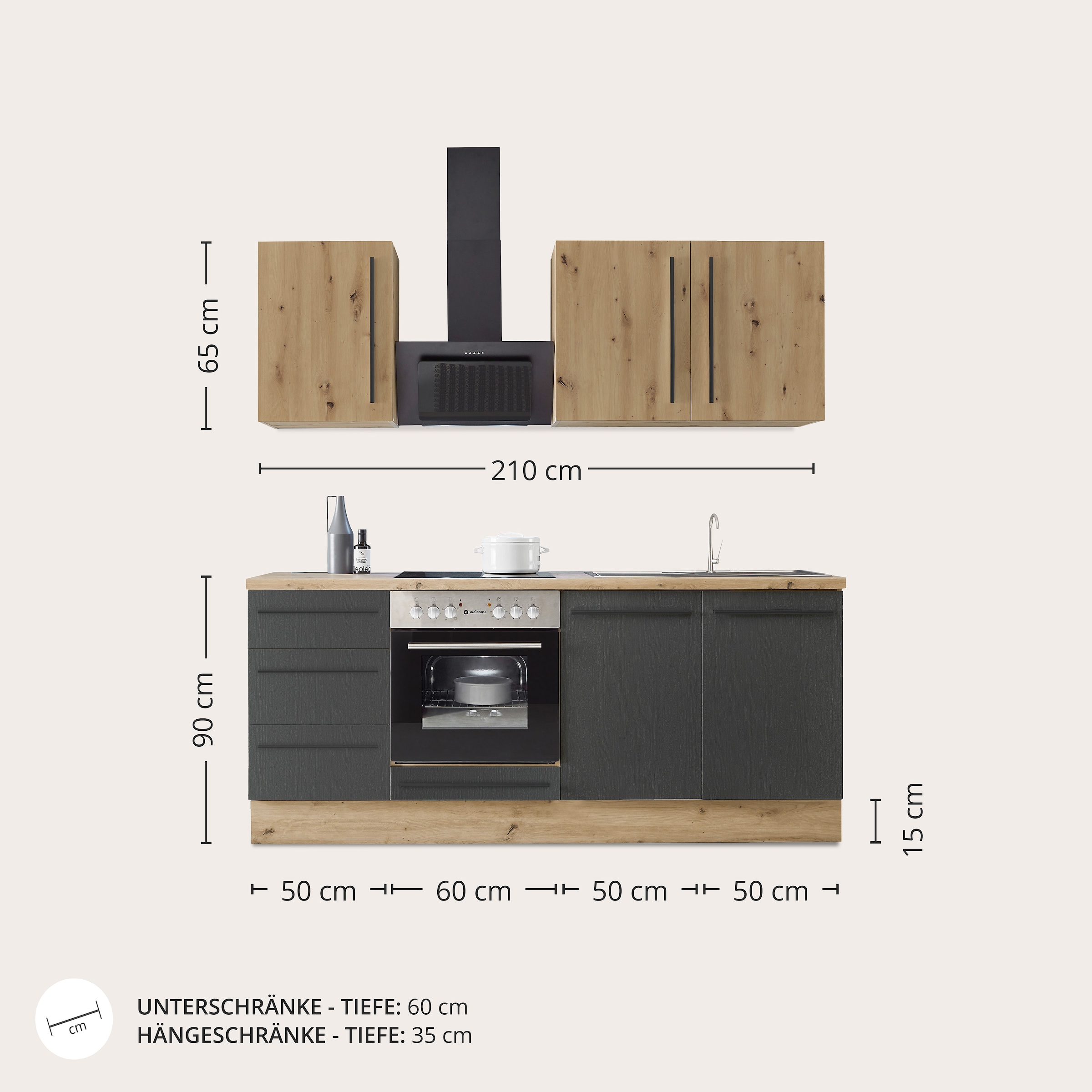 KOCHSTATION Küchenzeile »KS-Florida mit 38mm starker Arbeitsplatte«, Breite 210 cm, wahlweise mit E-Geräten, Soft-Close-Funktion