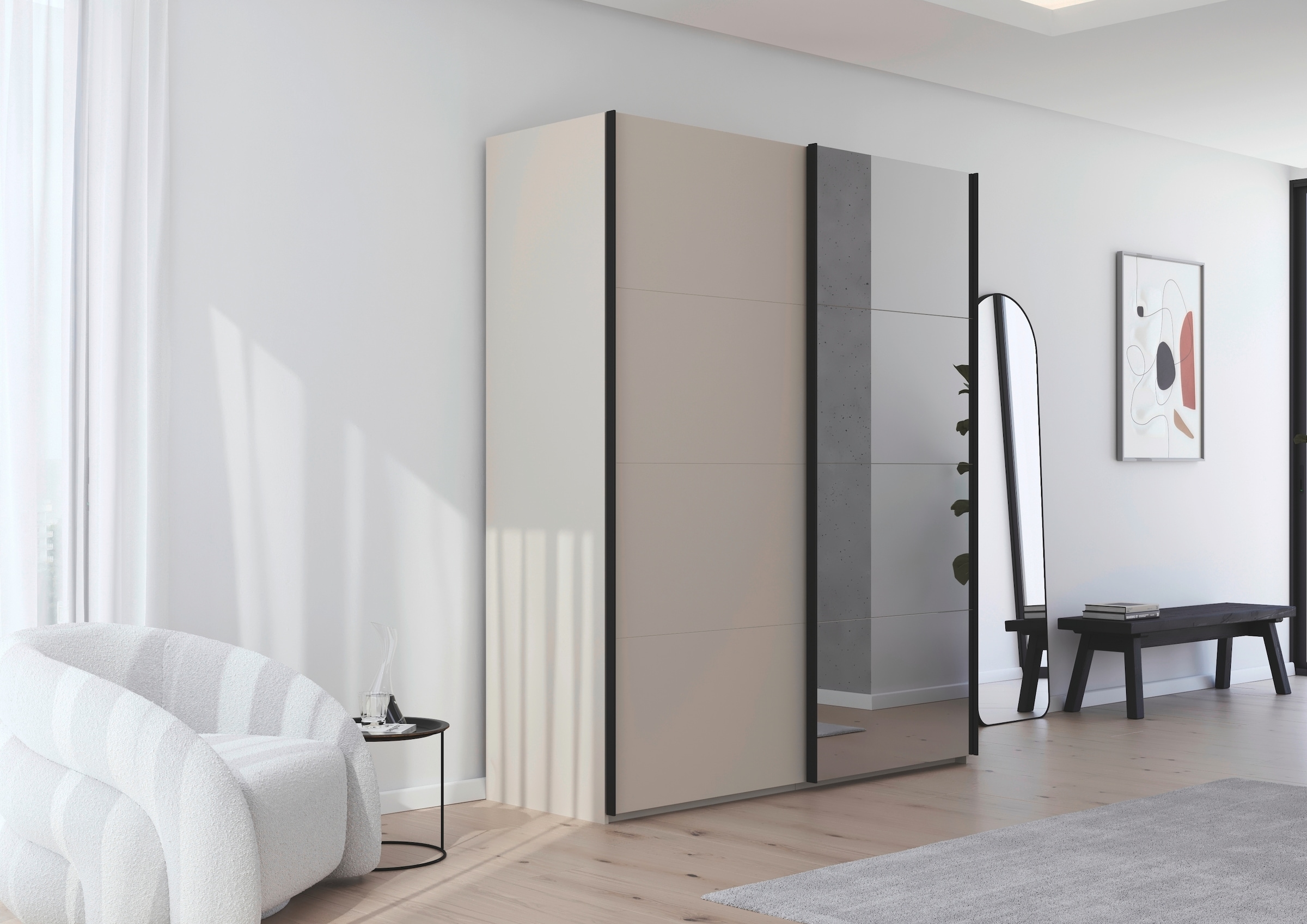 rauch Schwebetürenschrank »Kleiderschrank Schrank Garderobe Schlafzimmerschrank SCALE-FYRA« edle viergeteilte Türen mit Spiegel und vielen Farben MADE IN GERMANY