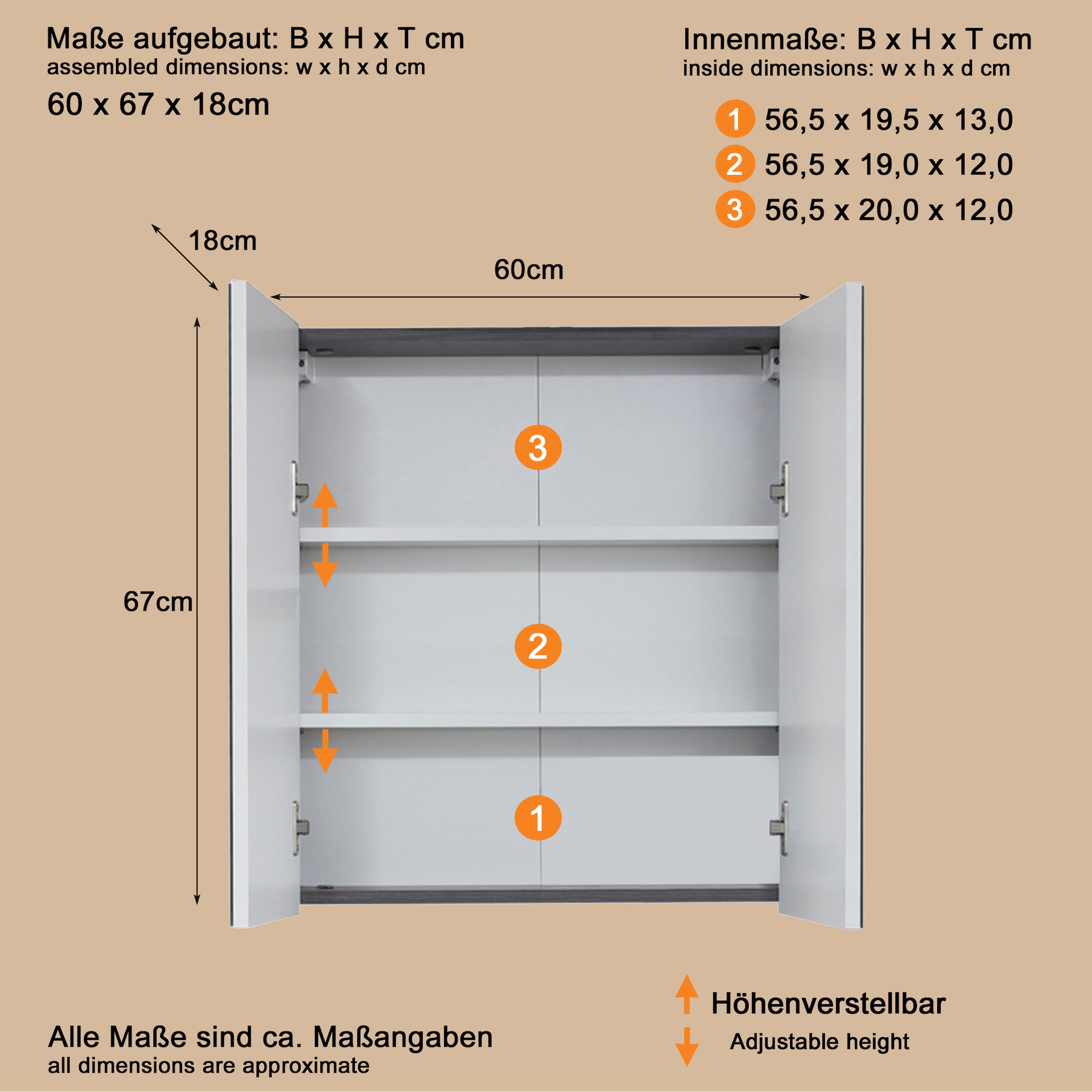 welltime Spiegelschrank »Sovana«, Badschrank wahlweise mit oder ohne Beleuchtung - (B/T/H) 60/18/67 cm