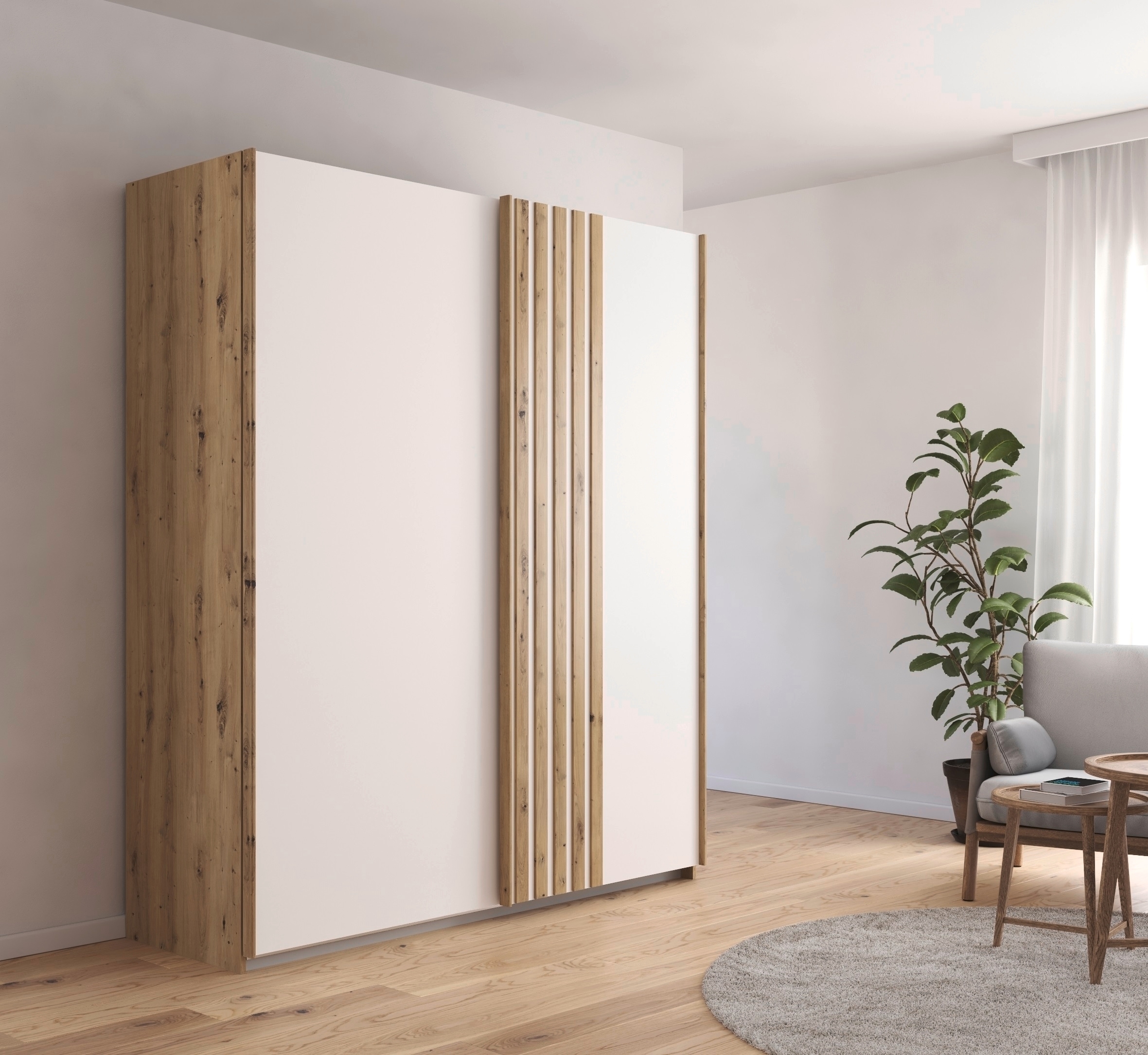 rauch Schwebetürenschrank »Kleiderschrank Schrank Garderobe MOSBACH«, moderne Lamellen-Auflage in 3D Akustikpaneel Optik MADE IN GERMANY