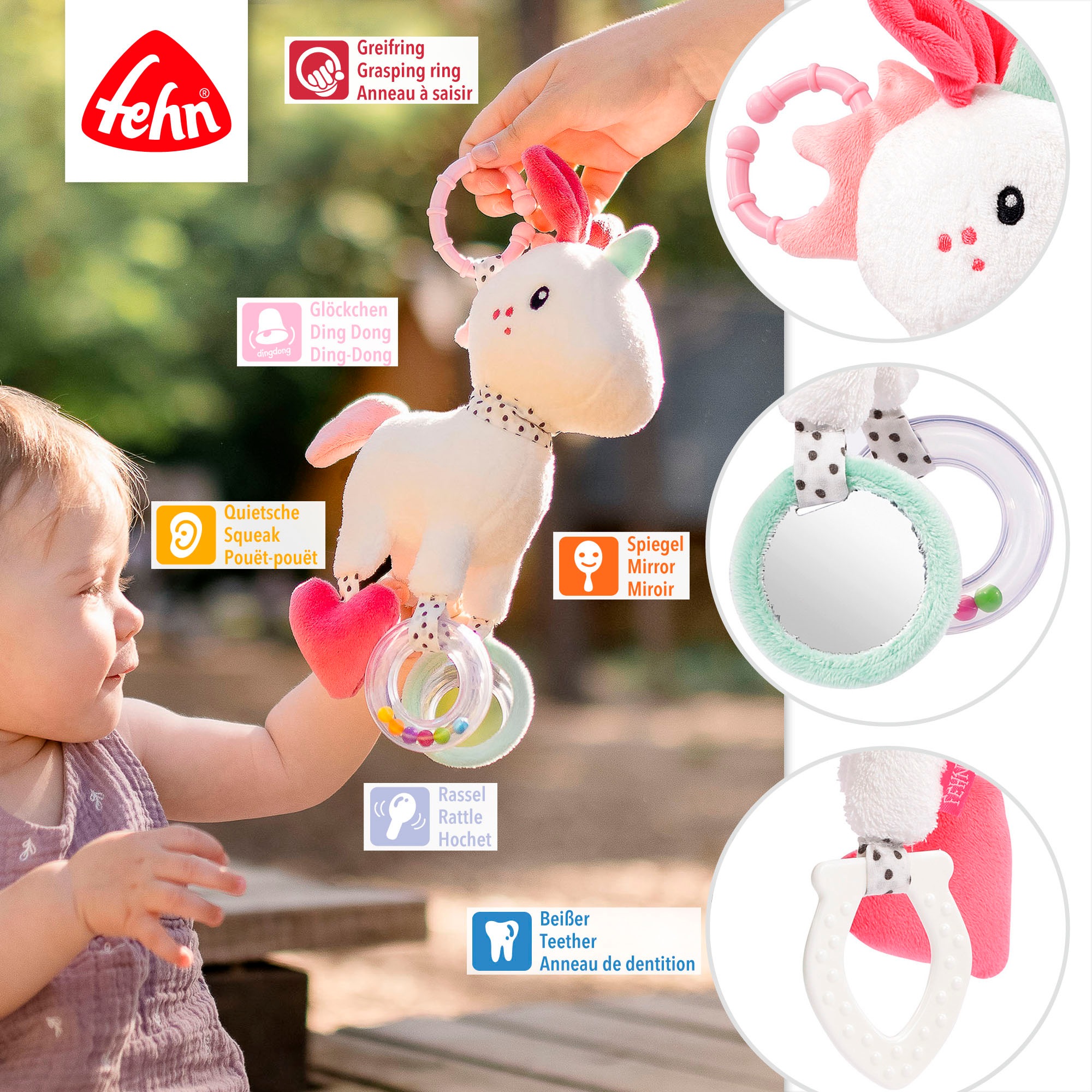 Fehn Greifspielzeug »Aiko & Yuki, Activity-Einhorn mit Ring«, mit Ring