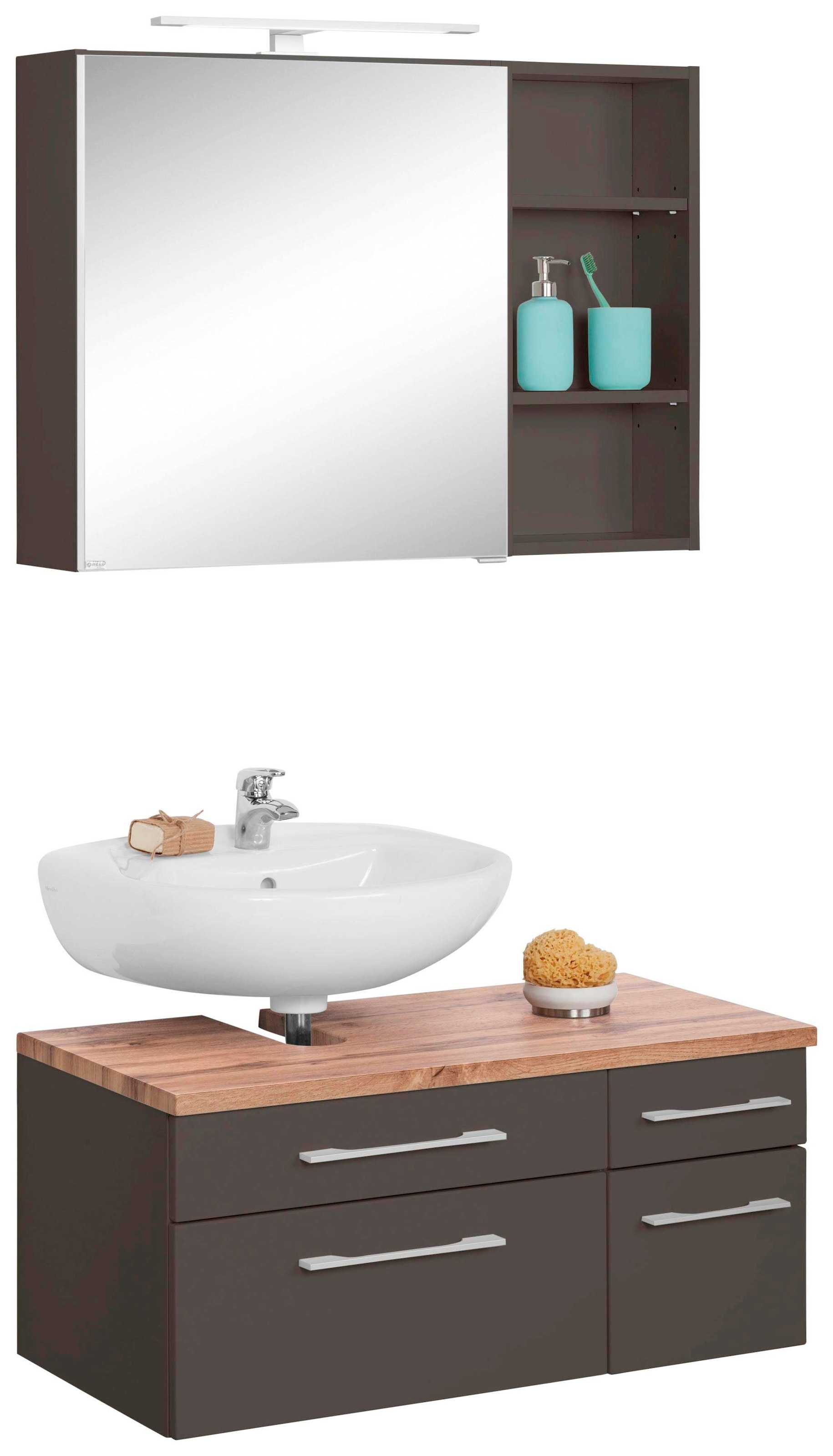 HELD MÖBEL Badmöbel-Set (3 Rechnung bestellen Waschbeckenunterschrank St.), Regal und auf »Davos«, Spiegelschrank