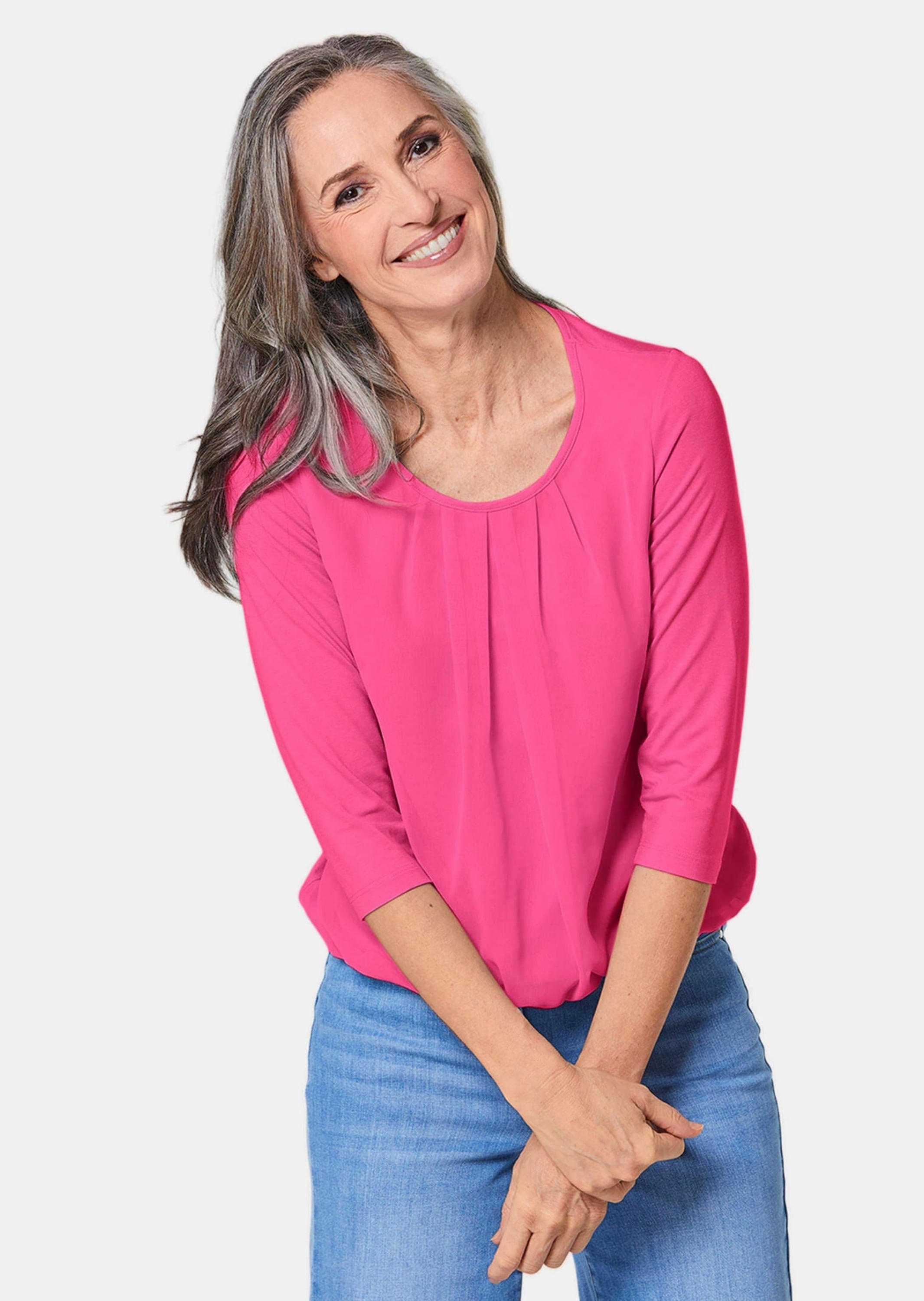 GOLDNER Kurzarmbluse »Kurzgröße Chiffon-Shirt mit 3/4-Arm, Rundhals«