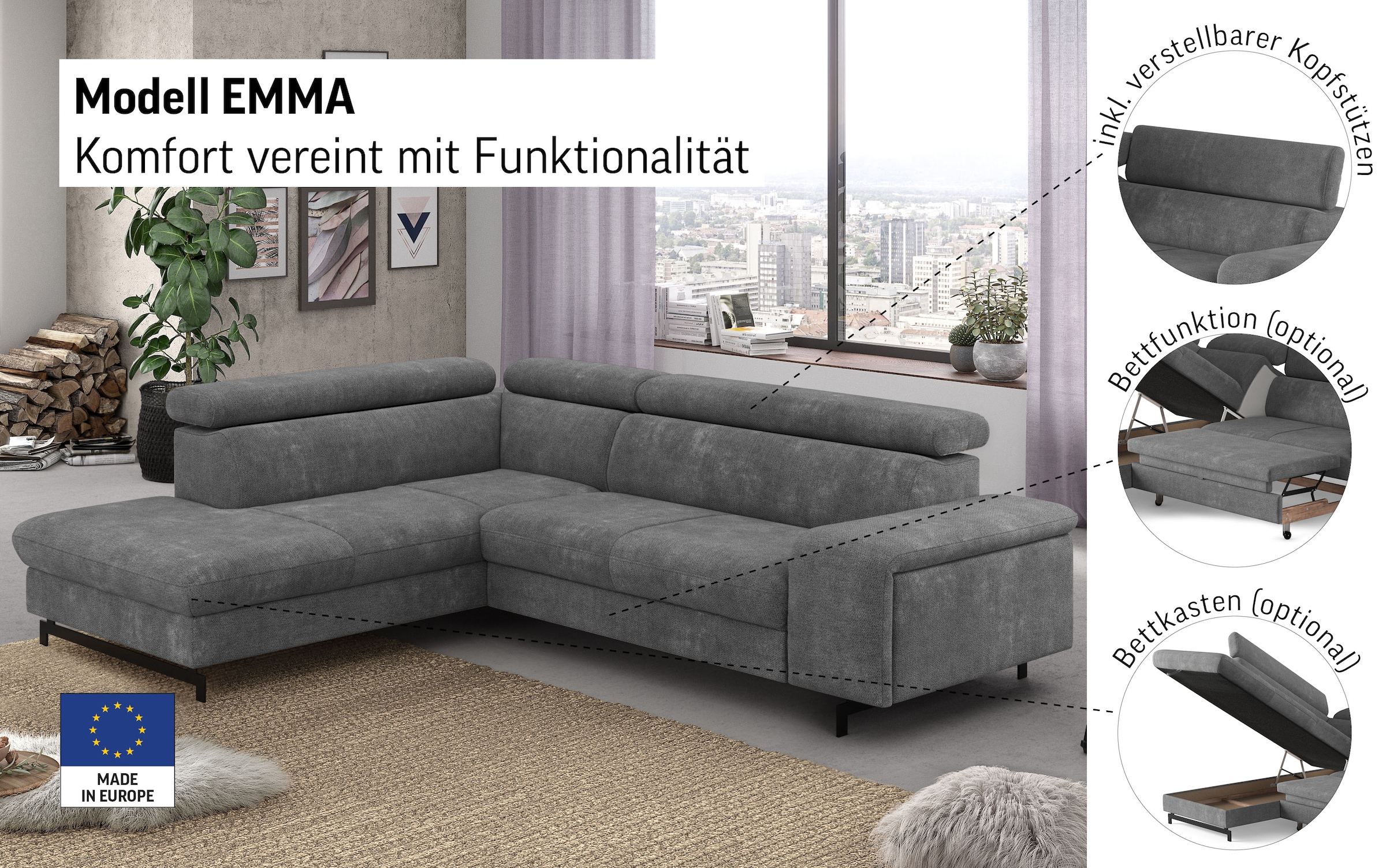 COTTA Ecksofa »Emma L-Form«, mit Kopfteilverstellung, wahlweise mit Bettfunktion & Bettkasten