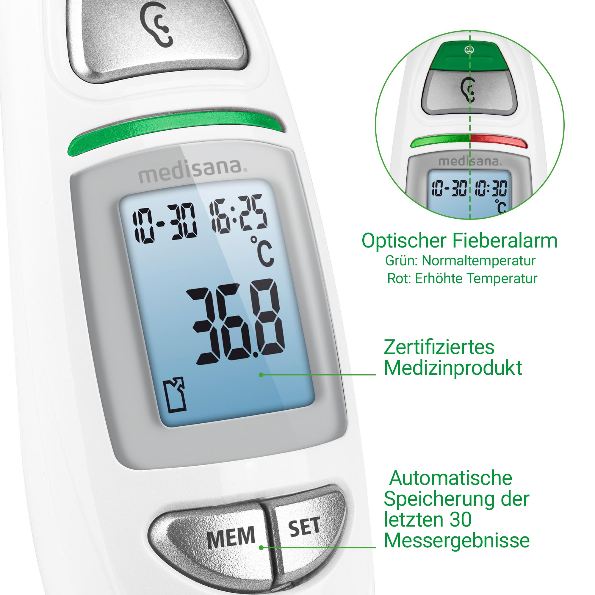 Medisana Infrarot-Fieberthermometer »TM 750« misst Stirn, Ohr und Umgebungstemperatur, Flüssigkeiten, Oberflächen