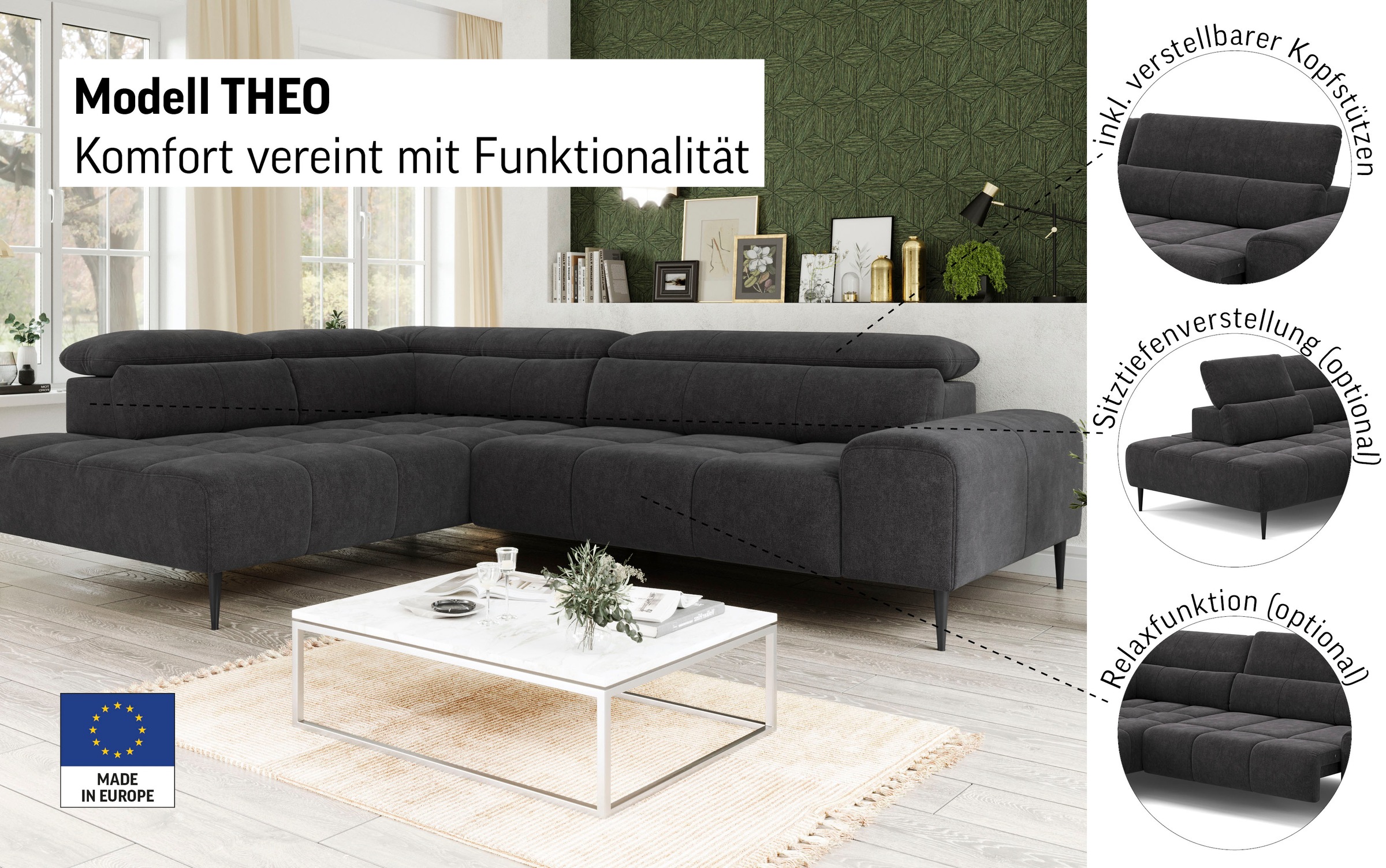 COTTA Ecksofa »Theo L-Form, B: 298 cm« mit Kopfteilverstellung, optional Sitztiefenverstellung