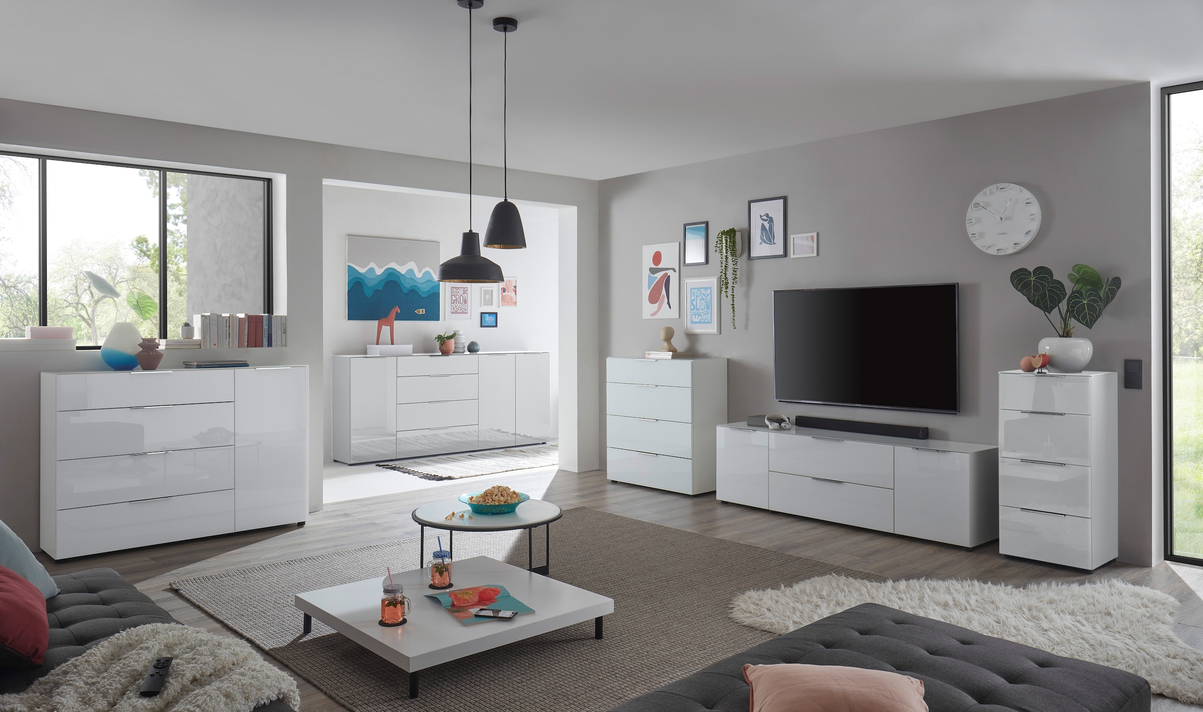 HBZ Kommode »Santorin Mehrzweckschrank mit Schubkästen, BxHxT 90x99x40 cm«, (1 St.), Mit 4 Schubkästen mit Softclose, Glasfront und Glasoberboden