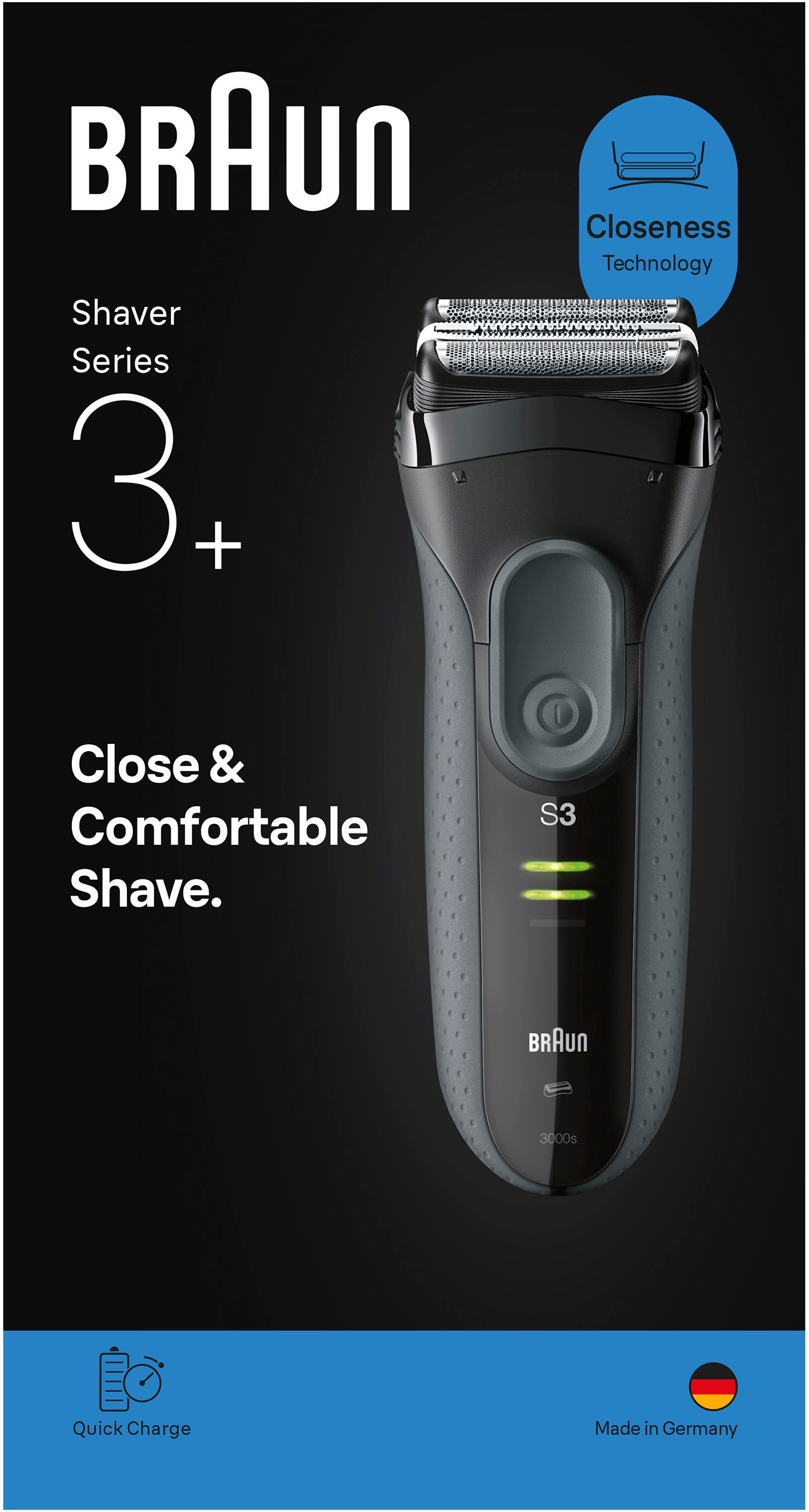 Braun Elektrorasierer »Series 3+ 3000s« 3 flexible Klingen, effizienter MicroComb Mitteltrimmer