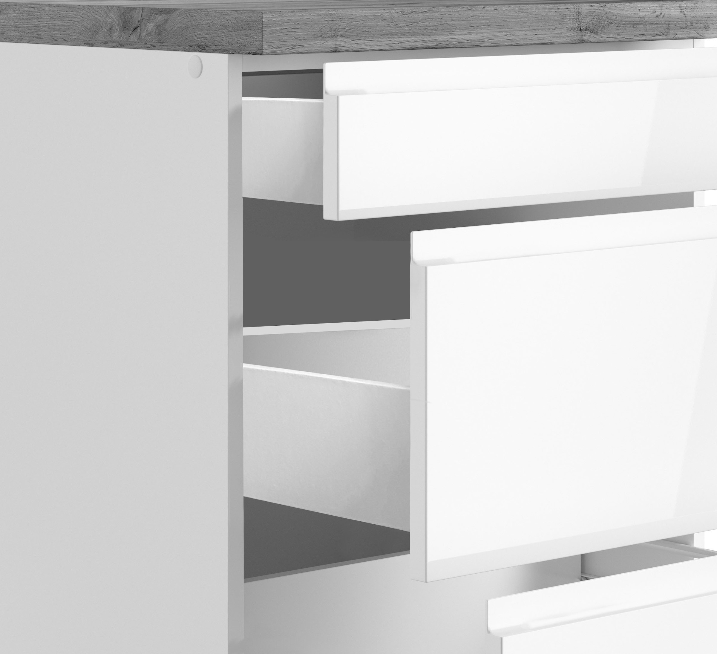 KOCHSTATION Küchenzeile »KS-Virginia,neu in verbesserter Ausführung« Arbeitsplatte 38 mm stark, Stauraum, Softclose,  Breite 350 cm, Soft-Close, ohne E-Geräte