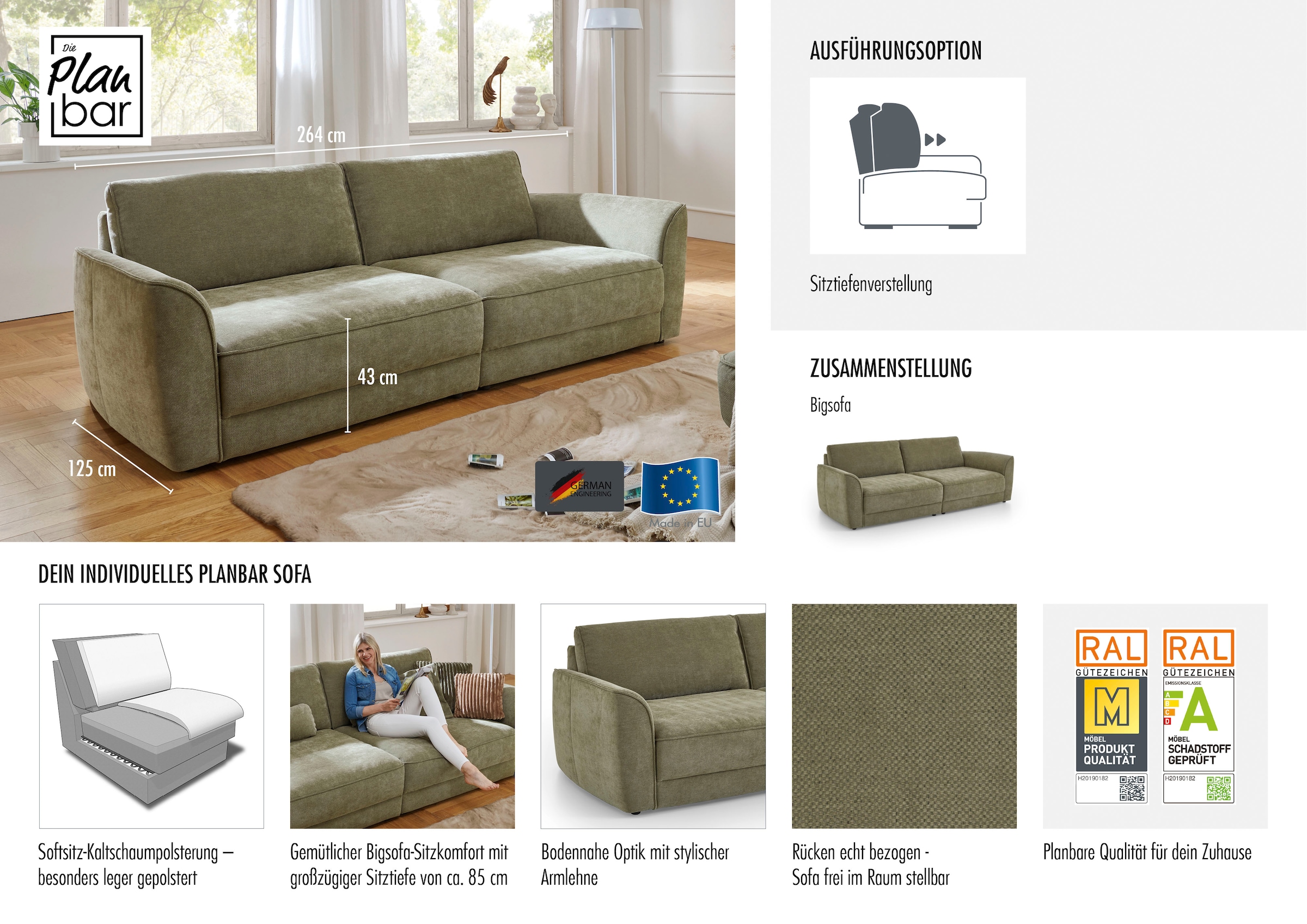 Die PlanBar Big-Sofa »Bigsofa ZE-EM24138, B: 264 cm« SoftSitz-Kaltschaumpolsterung, wahlweise mit Sitztiefenverstellung