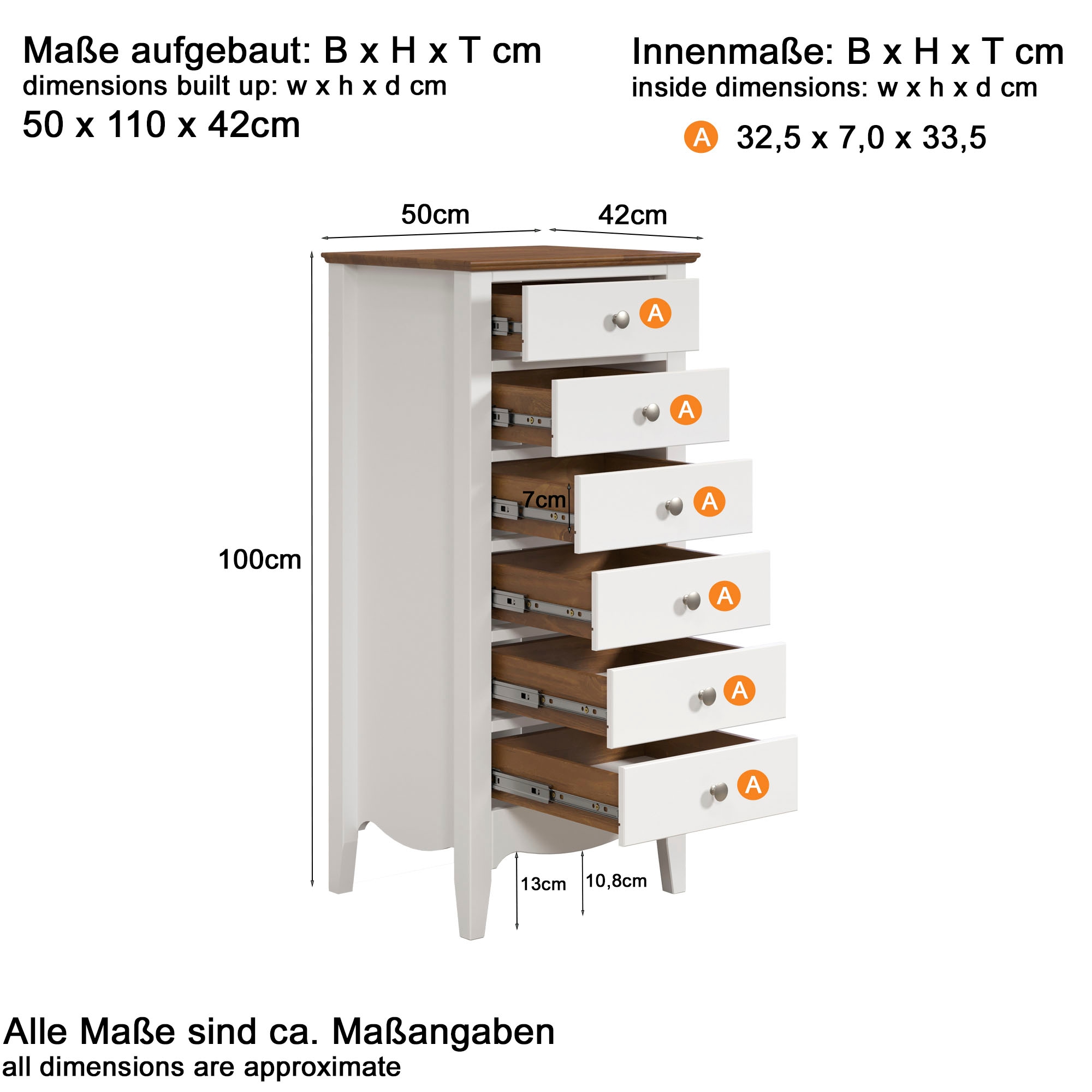 INTER-FURN Kommode »Lissabon«, Kiefer teilmassiv, 6 Schubkästen, Metallgriffe, B/H/T: 50/110/42 cm