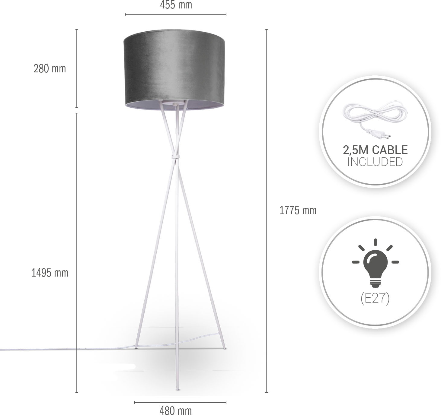 Paco Home Stehlampe »Kate uni Color«, Leuchtmittel E27 | ohne Leuchtmittel, Wohnzimmer Dreibein Standleuchte Velour Höhe 177,5cm Filigran E27